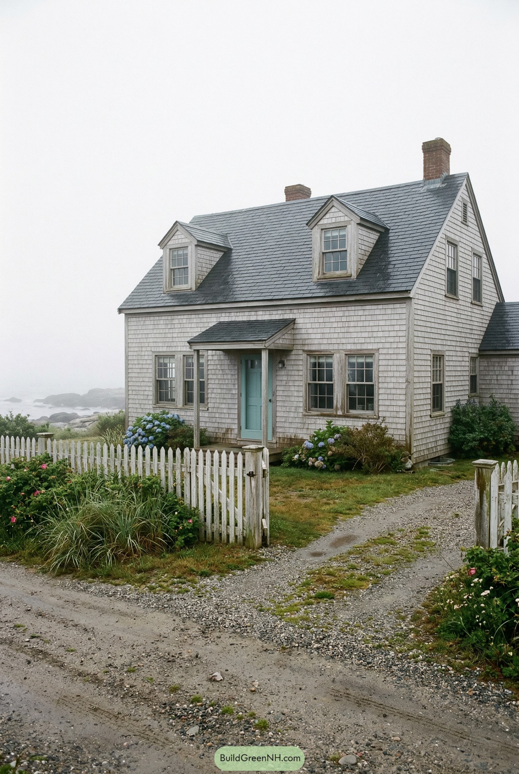 Shingle cottage with white picket fence