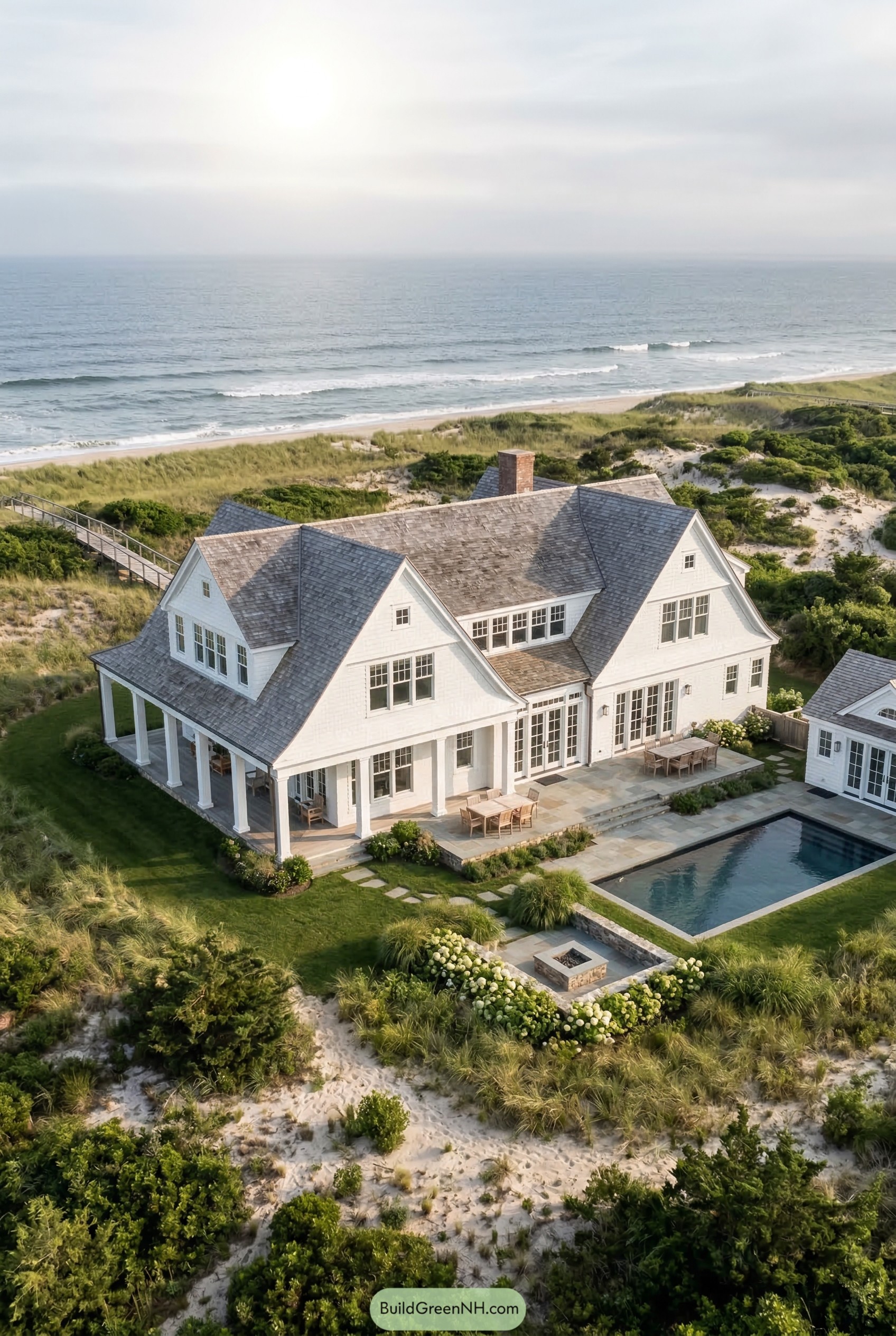 White beach mansion with pool by dunes