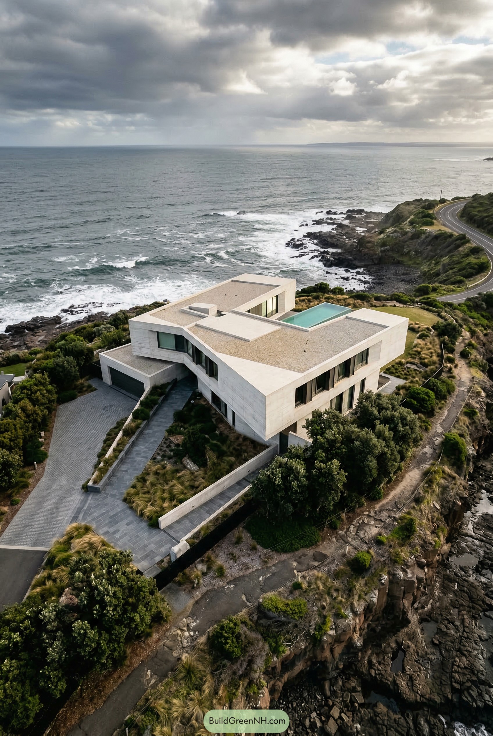 Modern white cliffside mansion with rooftop pool