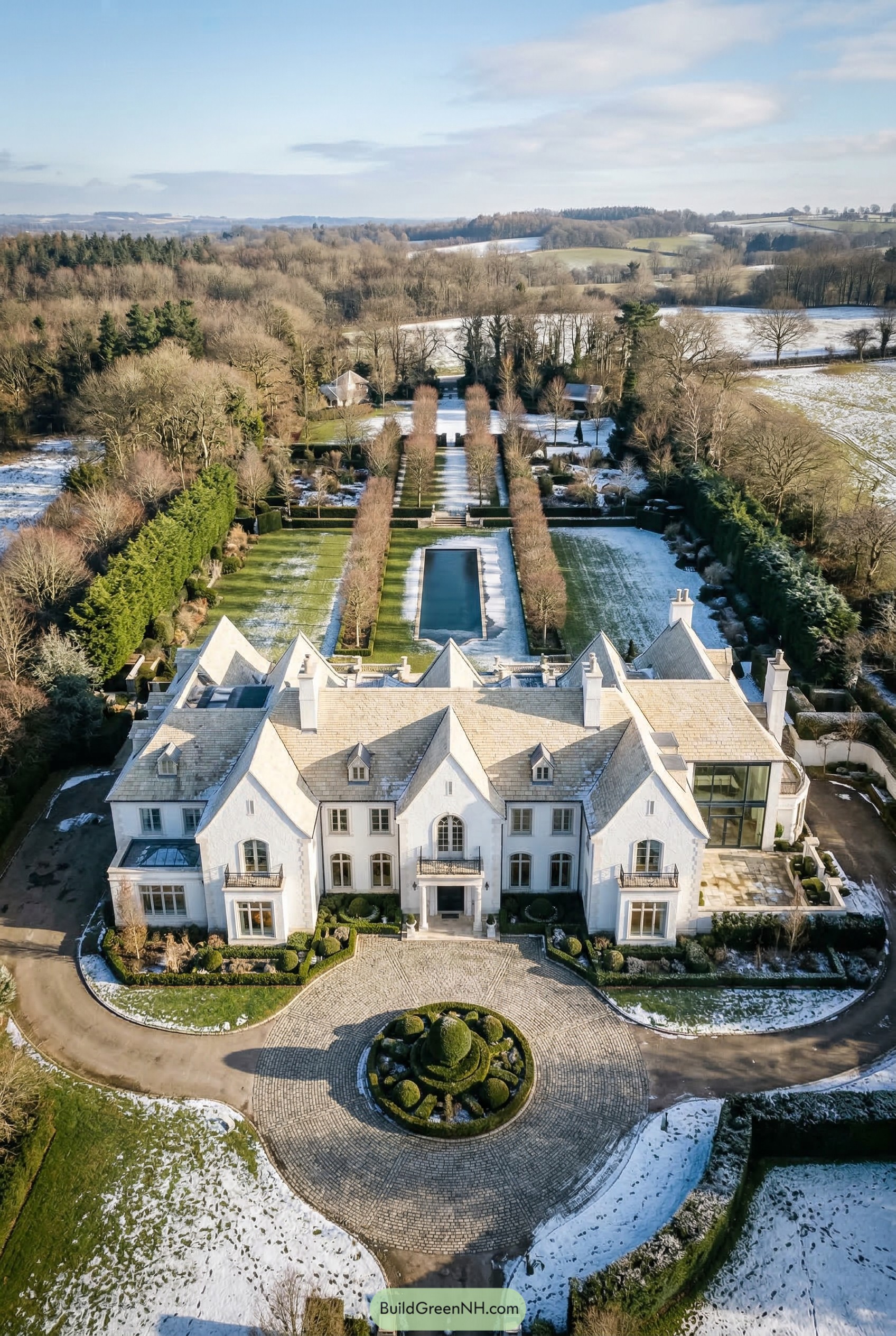 Aerial view of a white chateau with circular drive and formal pool