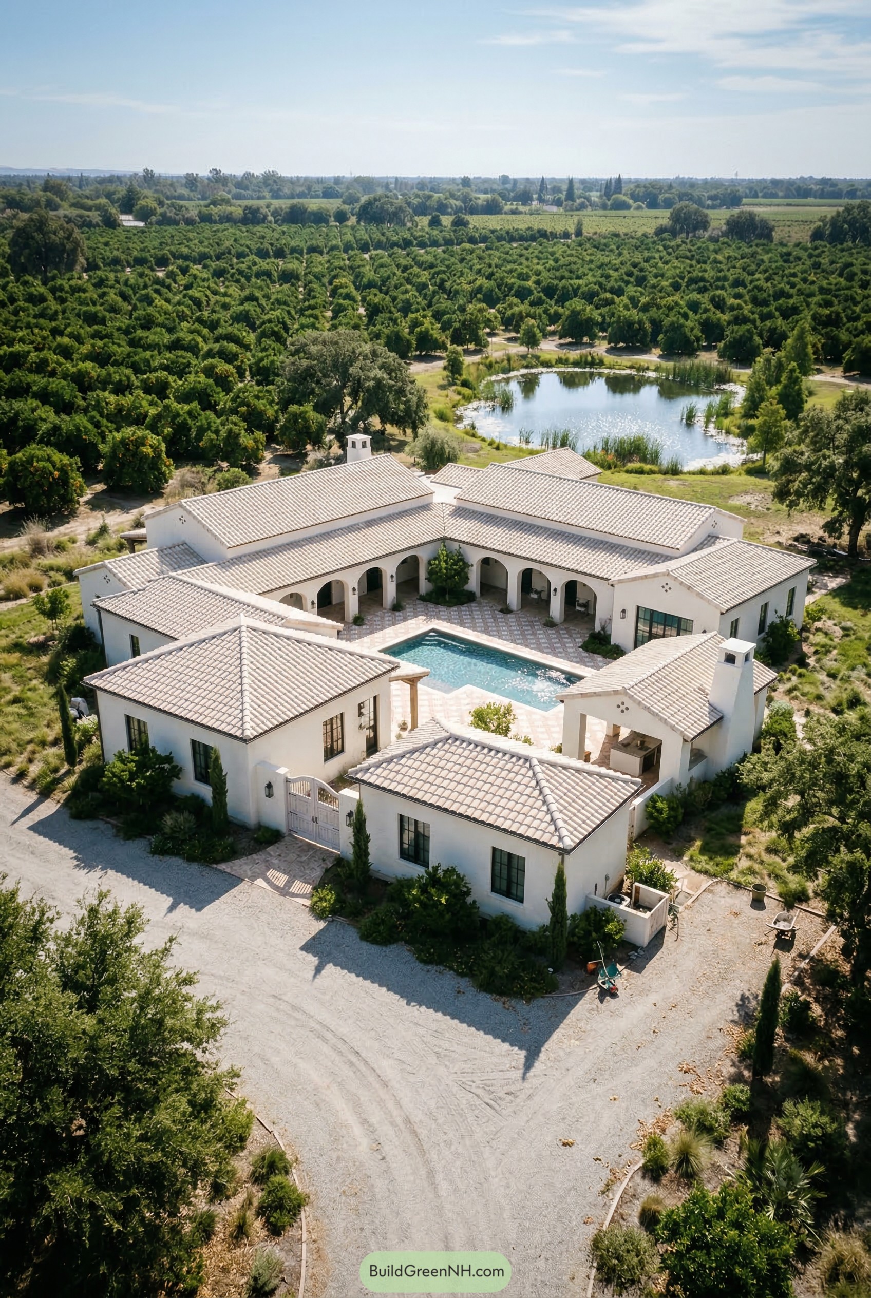 Aerial white hacienda with a central pool in an orchard