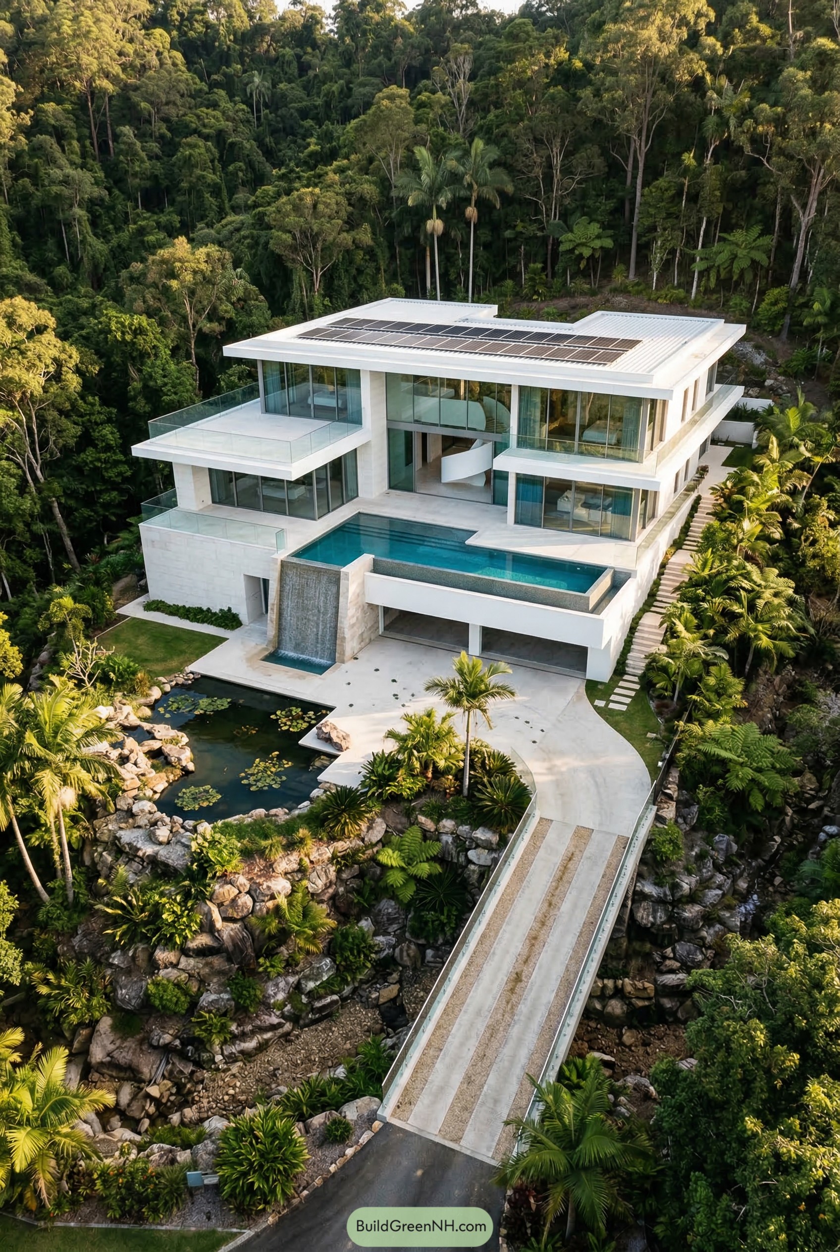 White modern mansion with infinity pool in rainforest