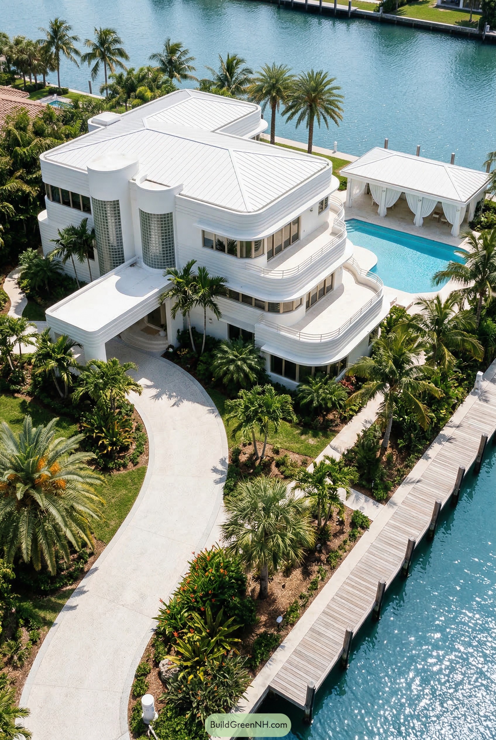 White curving waterfront mansion with pool and cabana