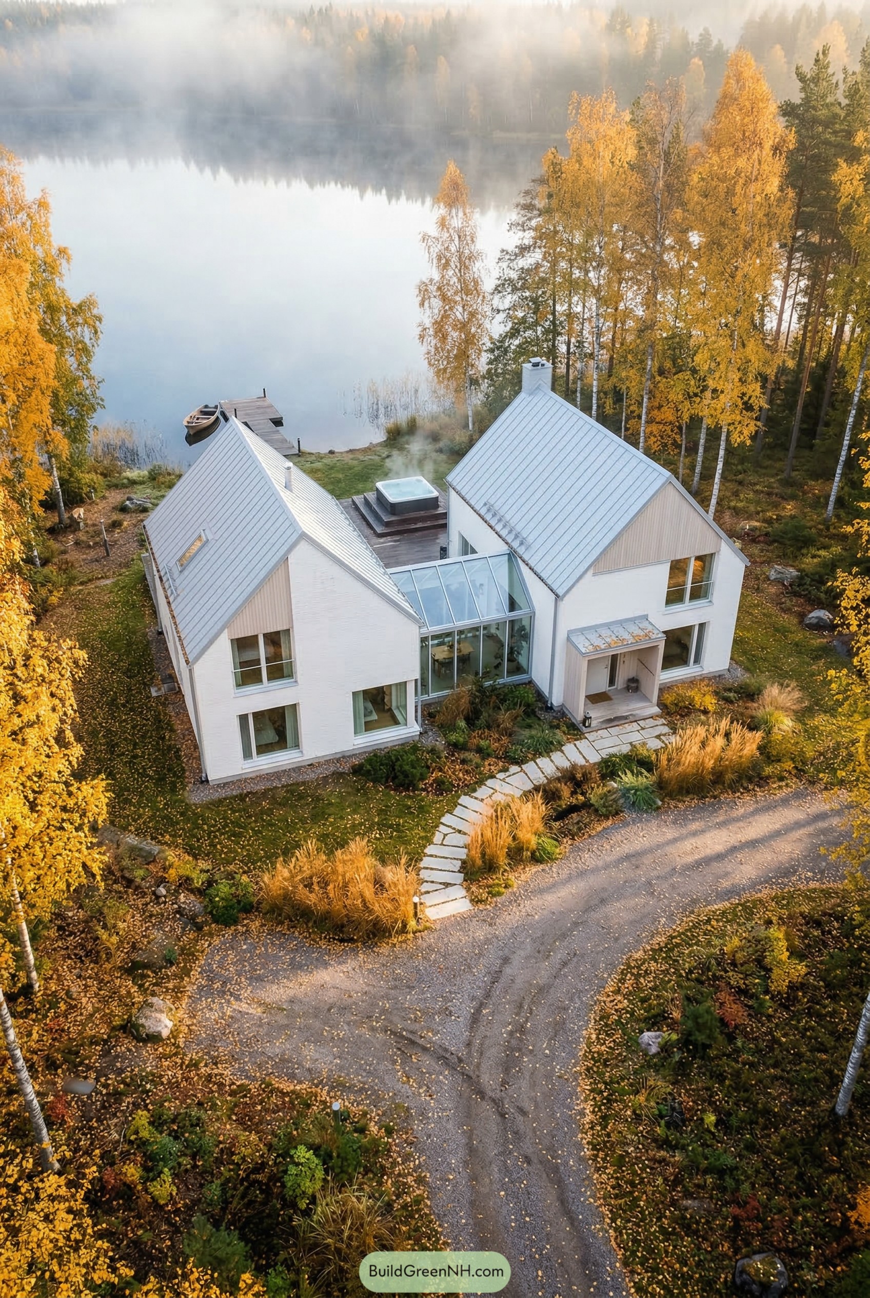 White twin gable lake house in autumn