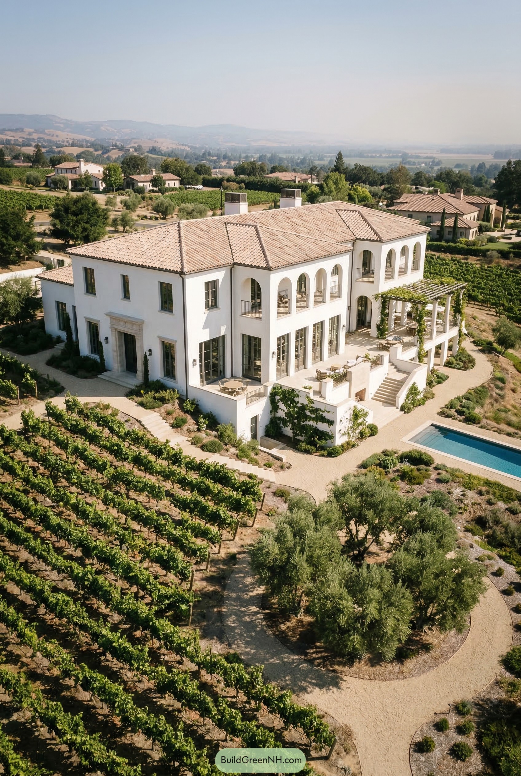 White hillside mansion overlooking vineyard and pool