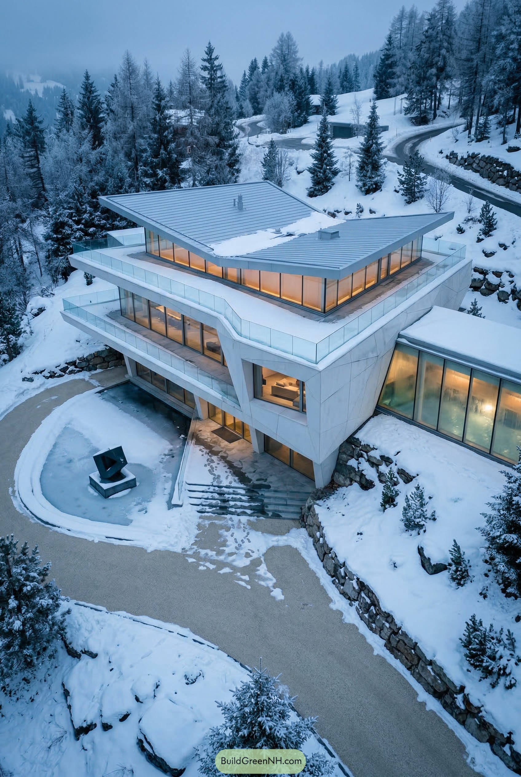 Angular white mansion in snowy alpine forest