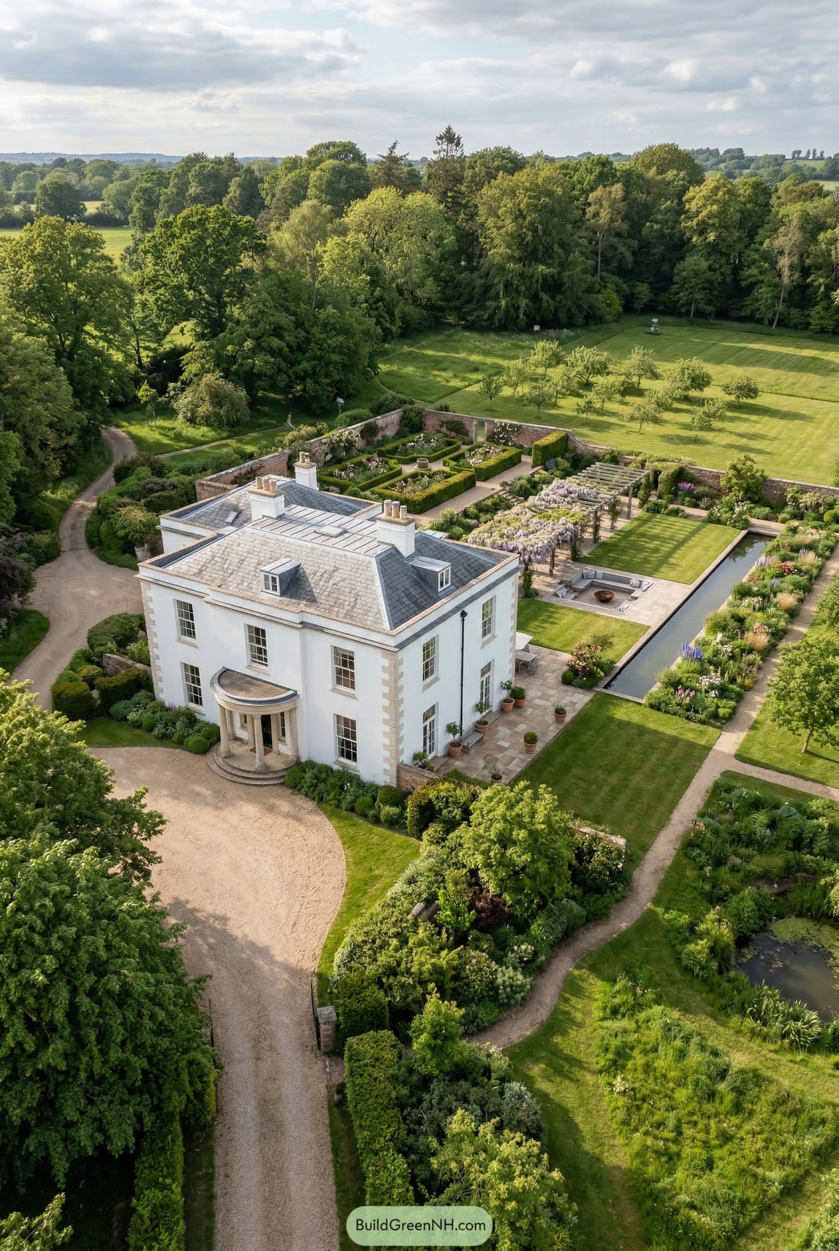 White manor with formal walled gardens