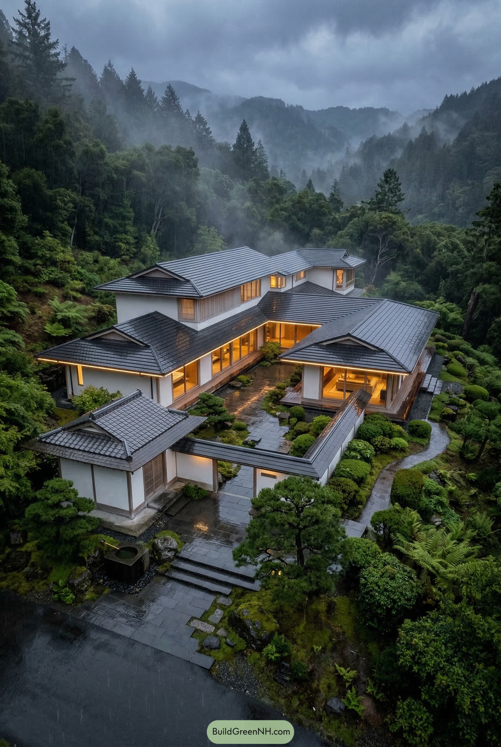 White courtyard mansion with dark tiled roofs in misty forest