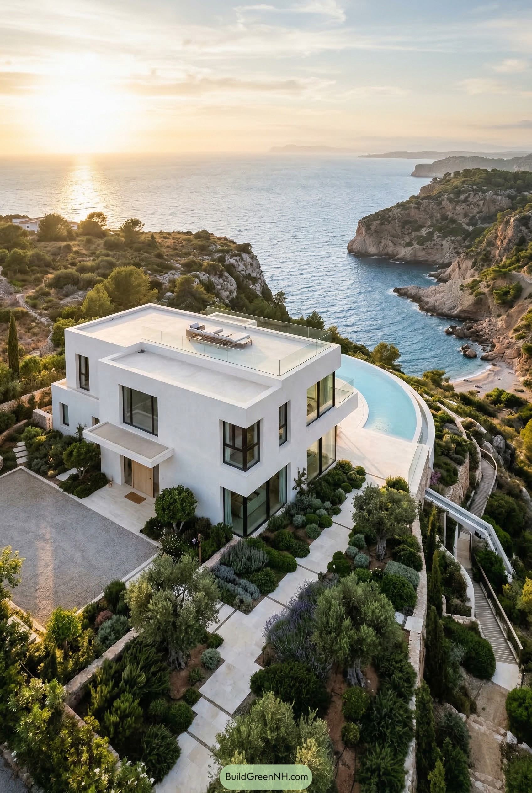 White modern villa with rooftop terrace and curved infinity pool above the sea