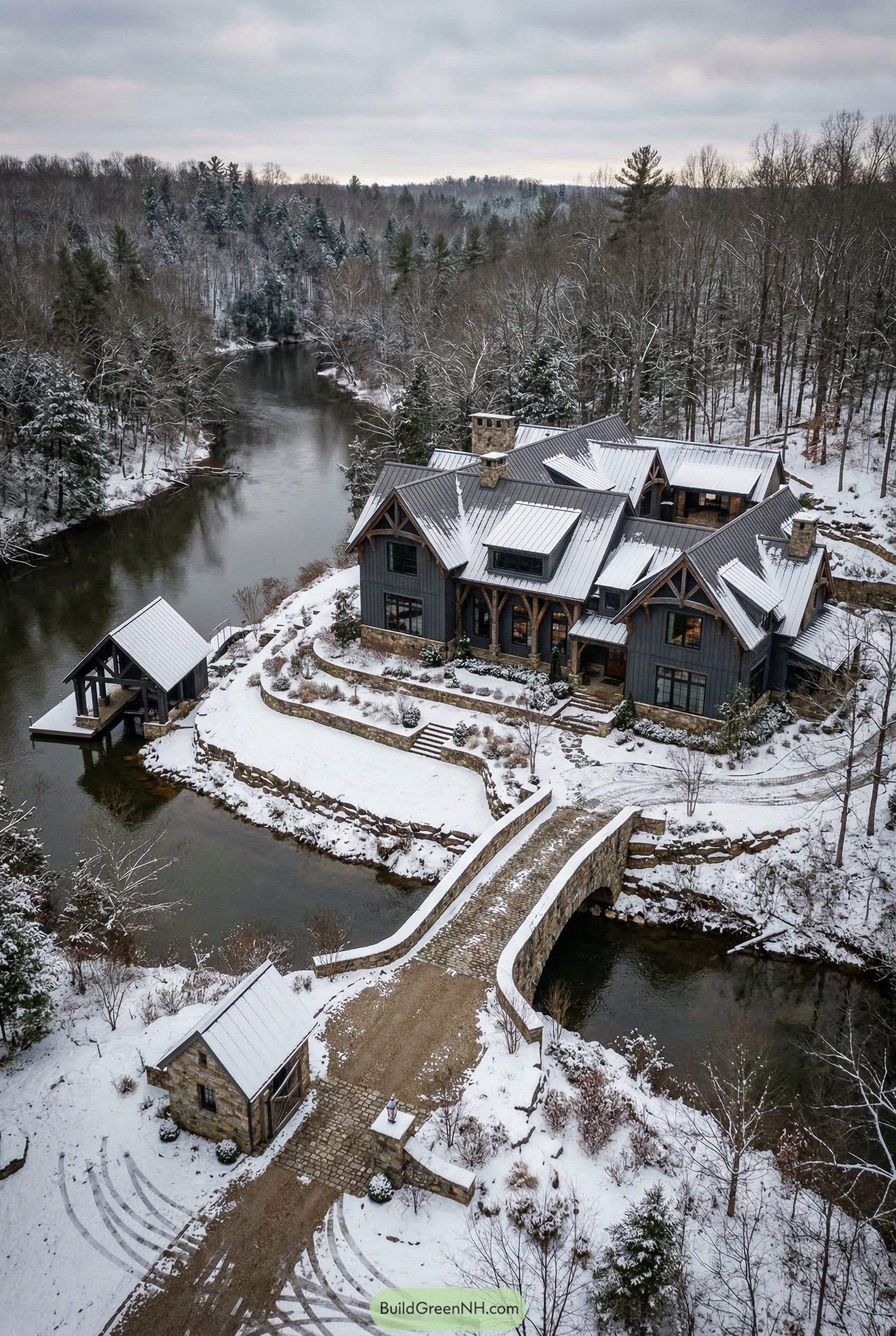 Snow covered riverfront mansion with stone bridge