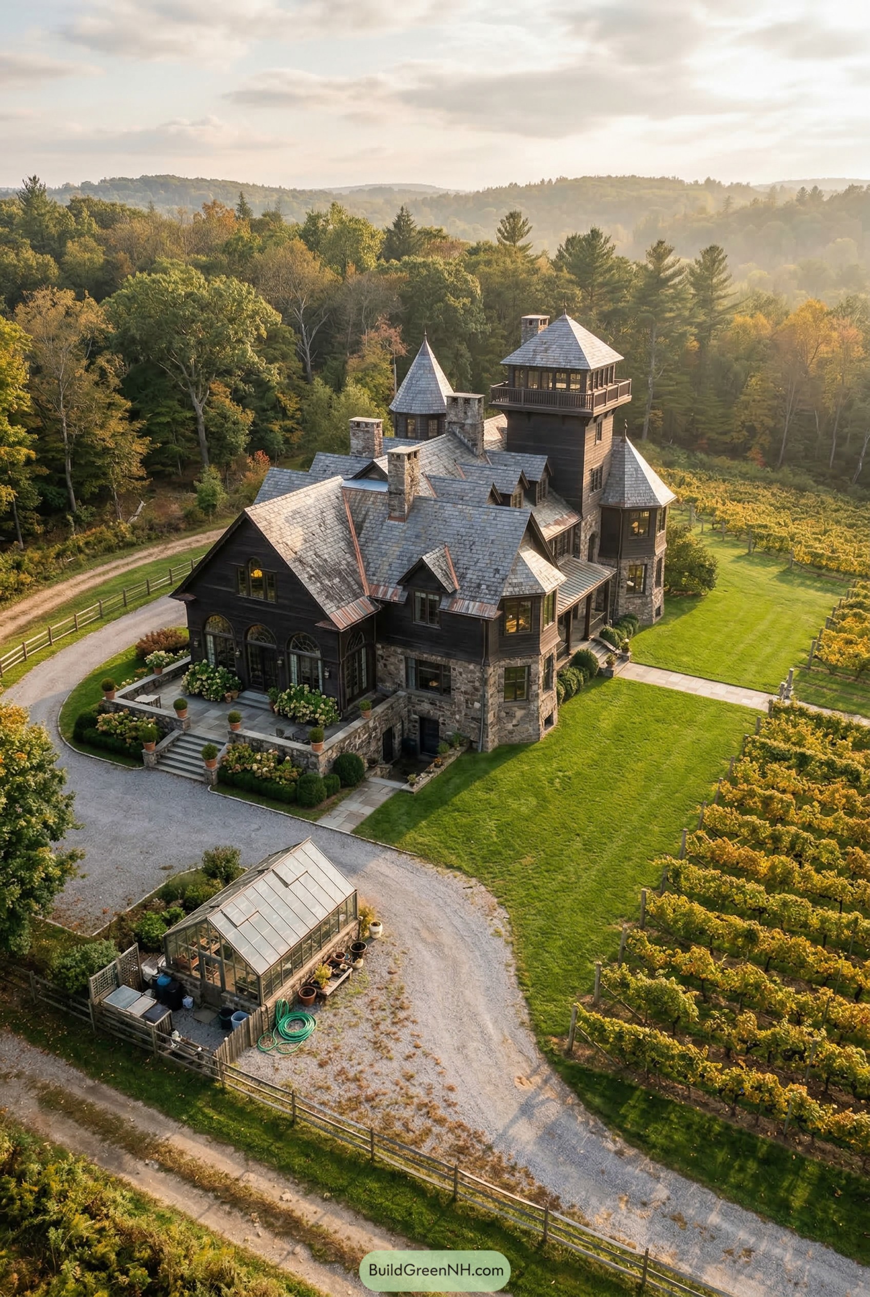 Dark wood and stone mansion beside vineyard
