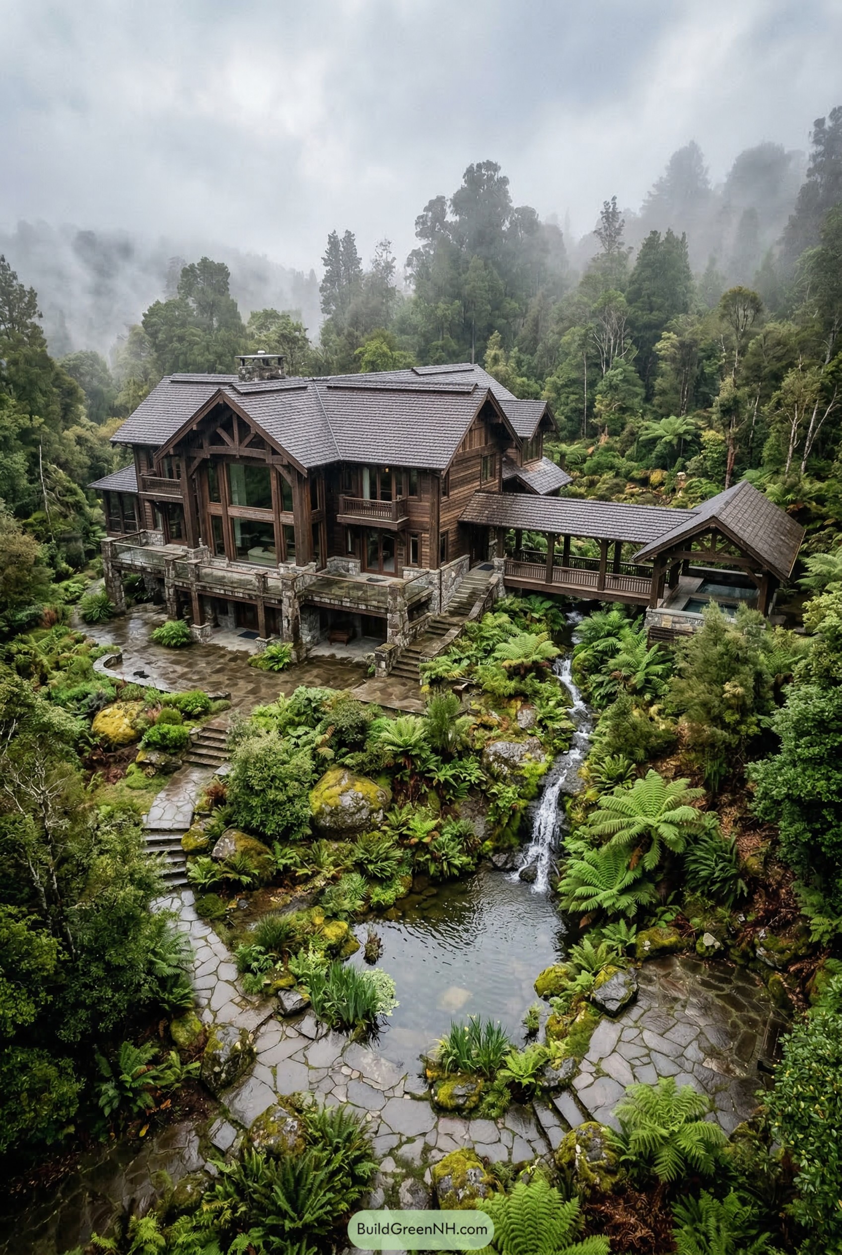 Large timber lodge above a garden stream