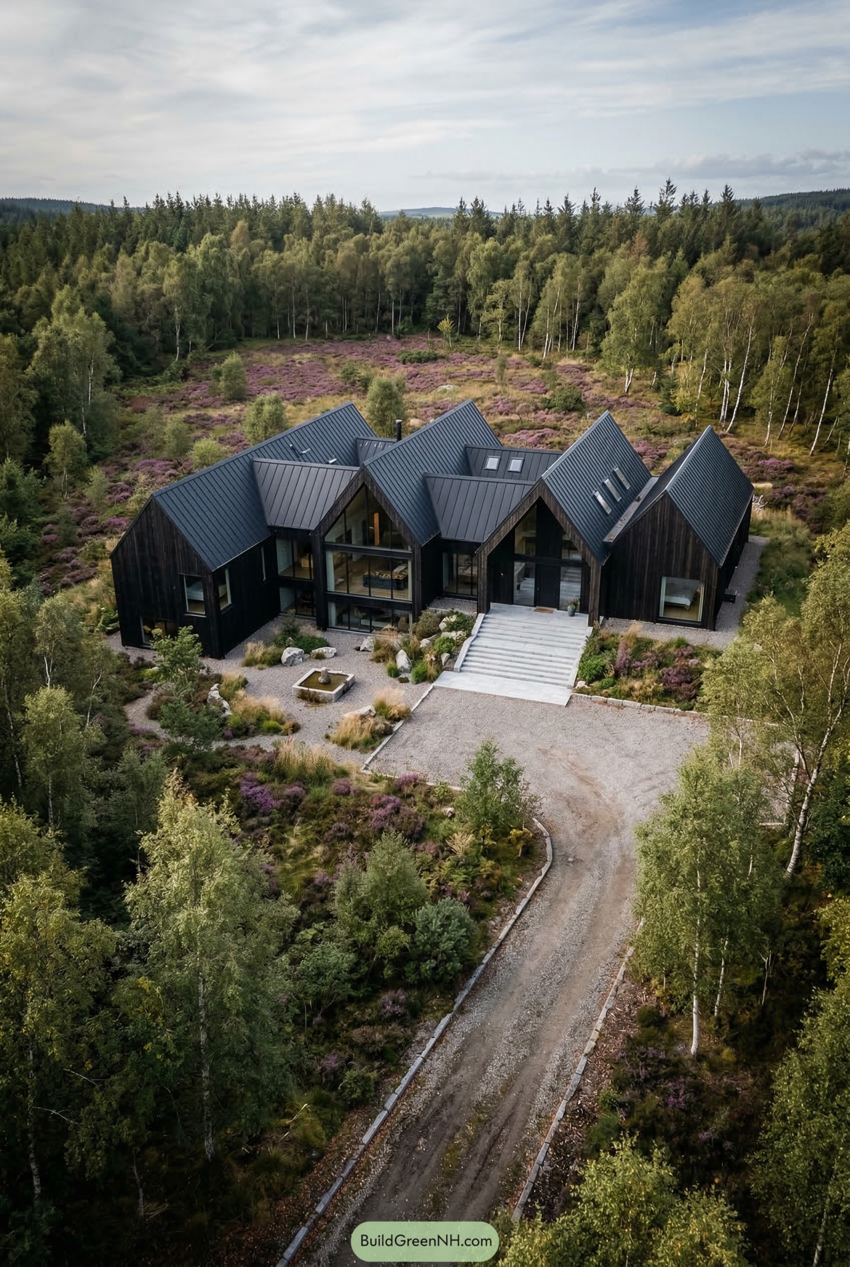 Black gabled woodland mansion with gravel drive