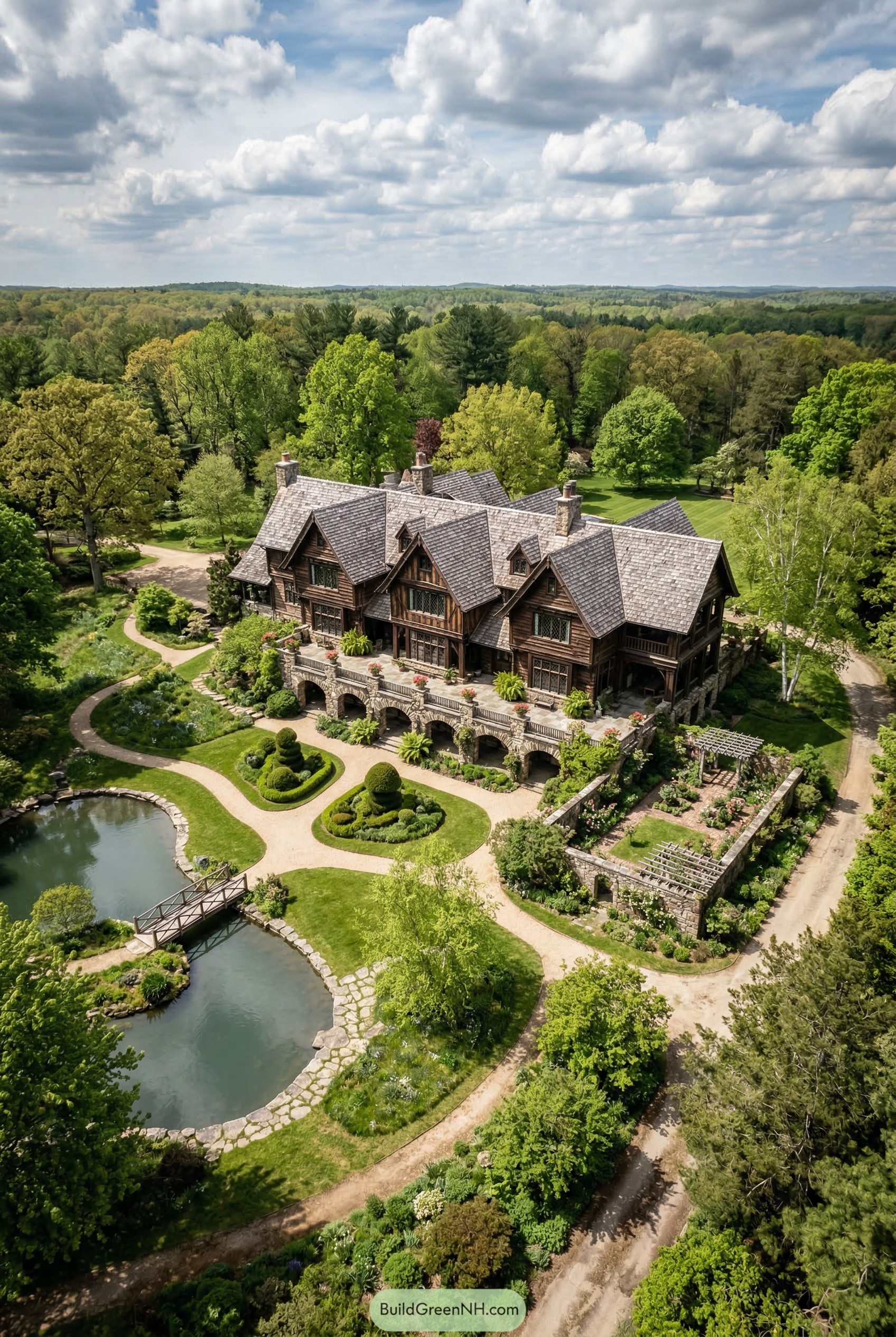 Aerial view of a gabled timber mansion with formal gardens and ponds