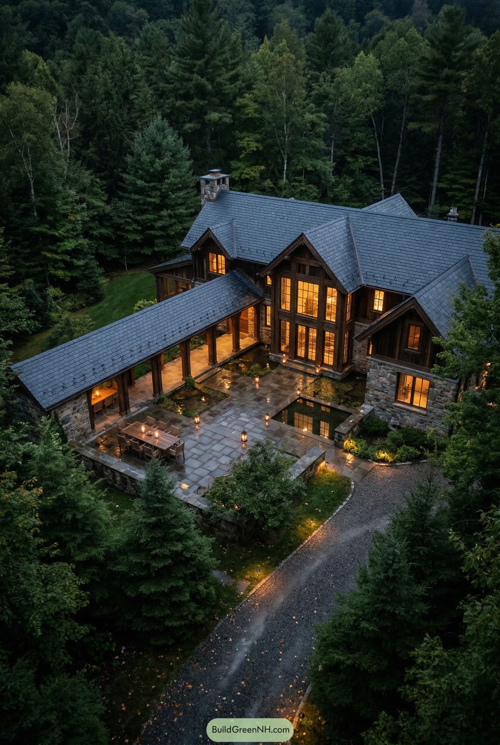Aerial view of a timber and stone mansion with steep gables covered walkway and courtyard pools in dense forest