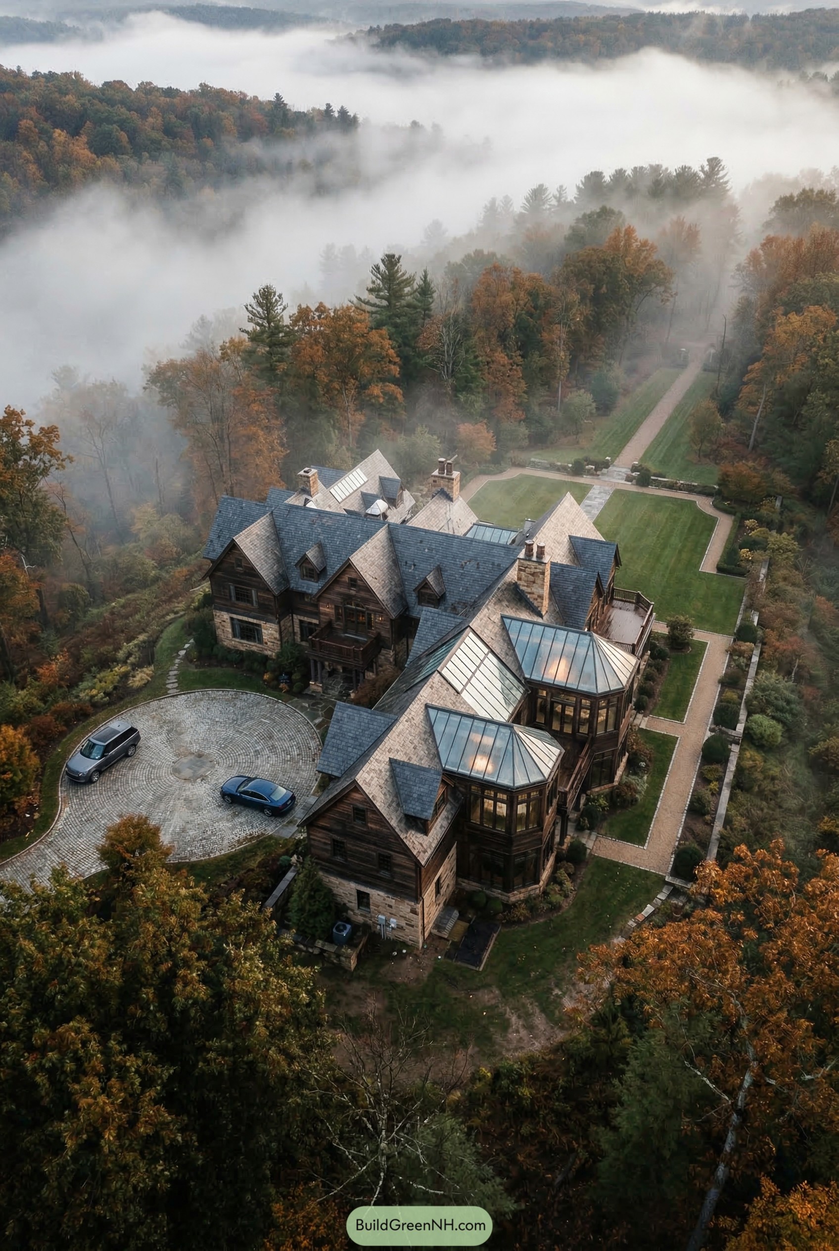Aerial view of a stone and timber mansion with glass sunrooms in misty autumn woods