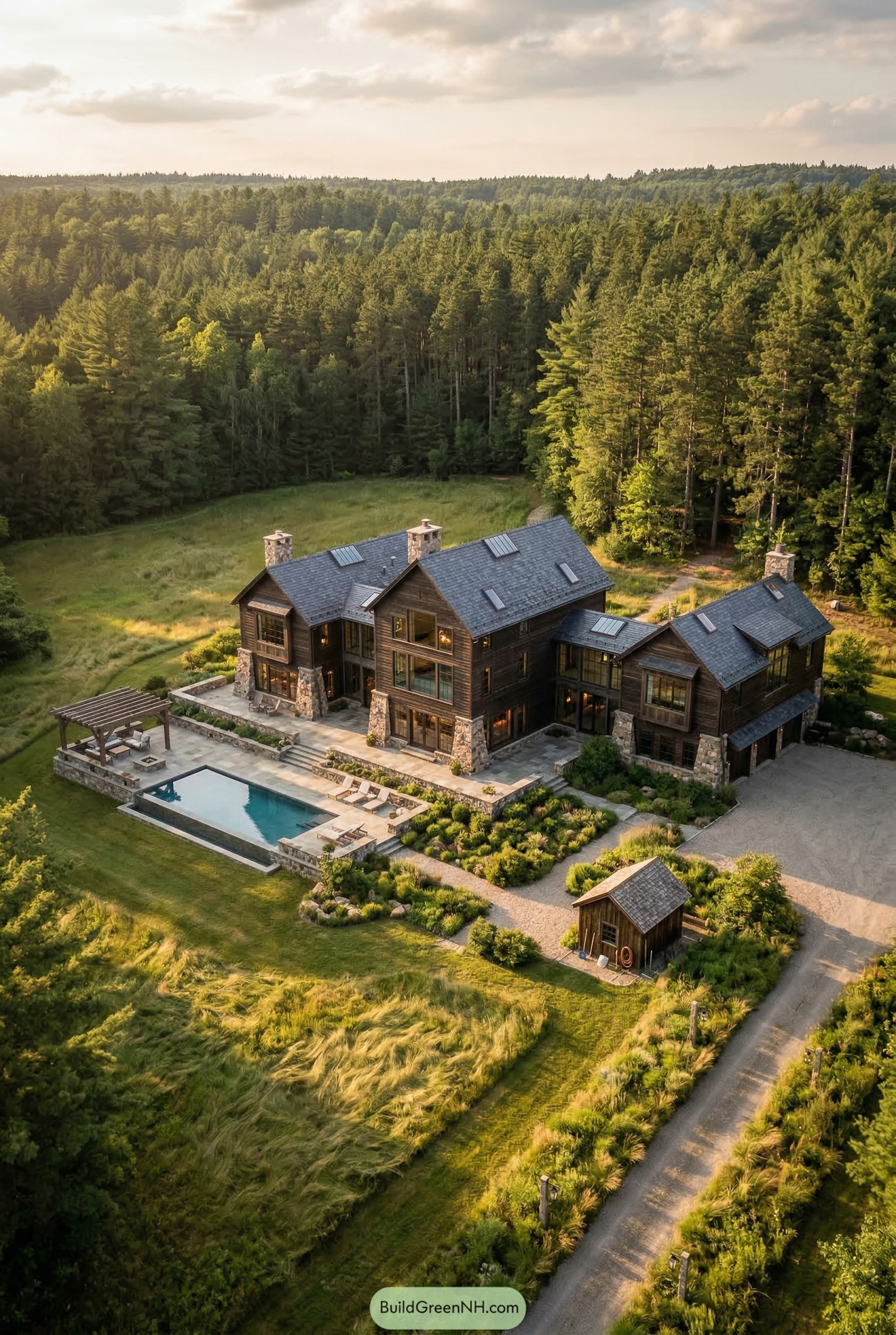 Sprawling timber mansion with pool in a forest clearing