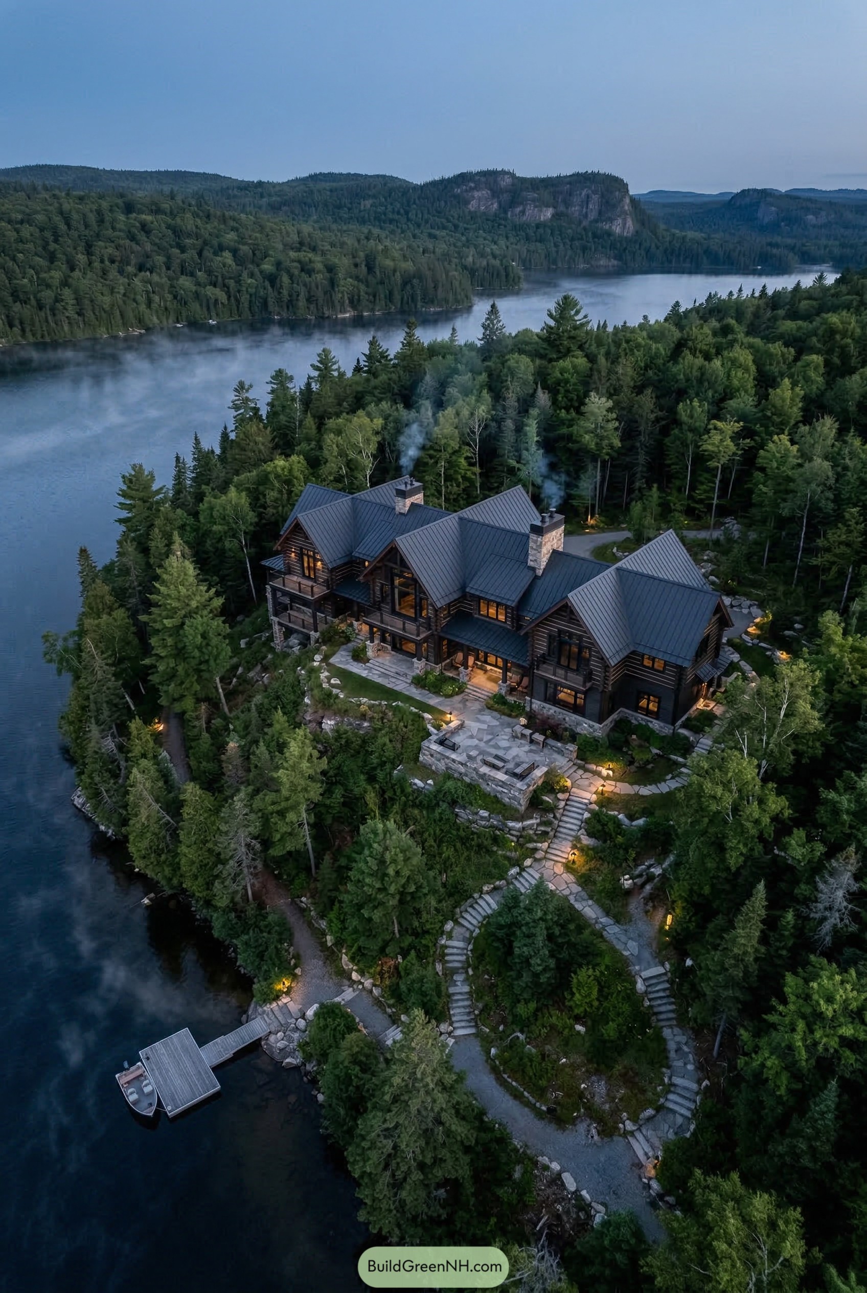 Large timber mansion on a forested lakeshore