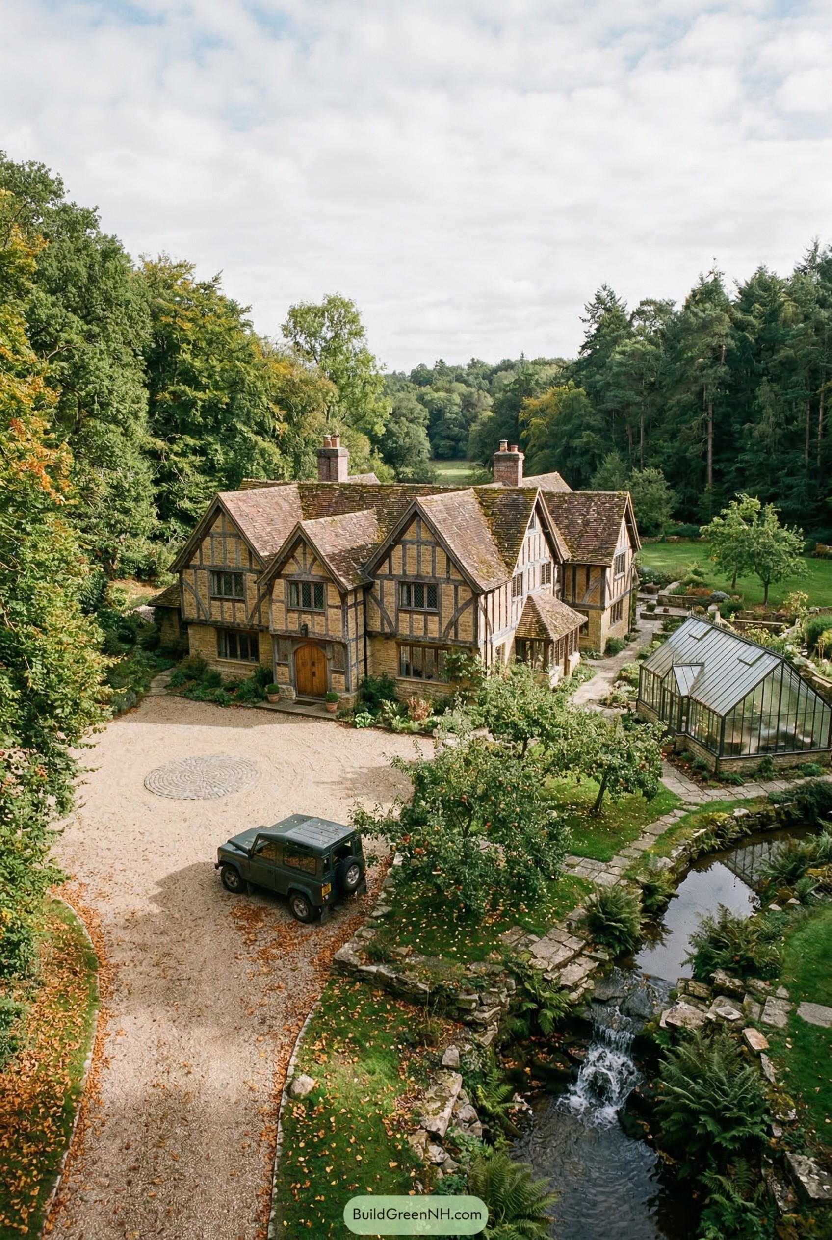 Tudor woodland manor with greenhouse and pond