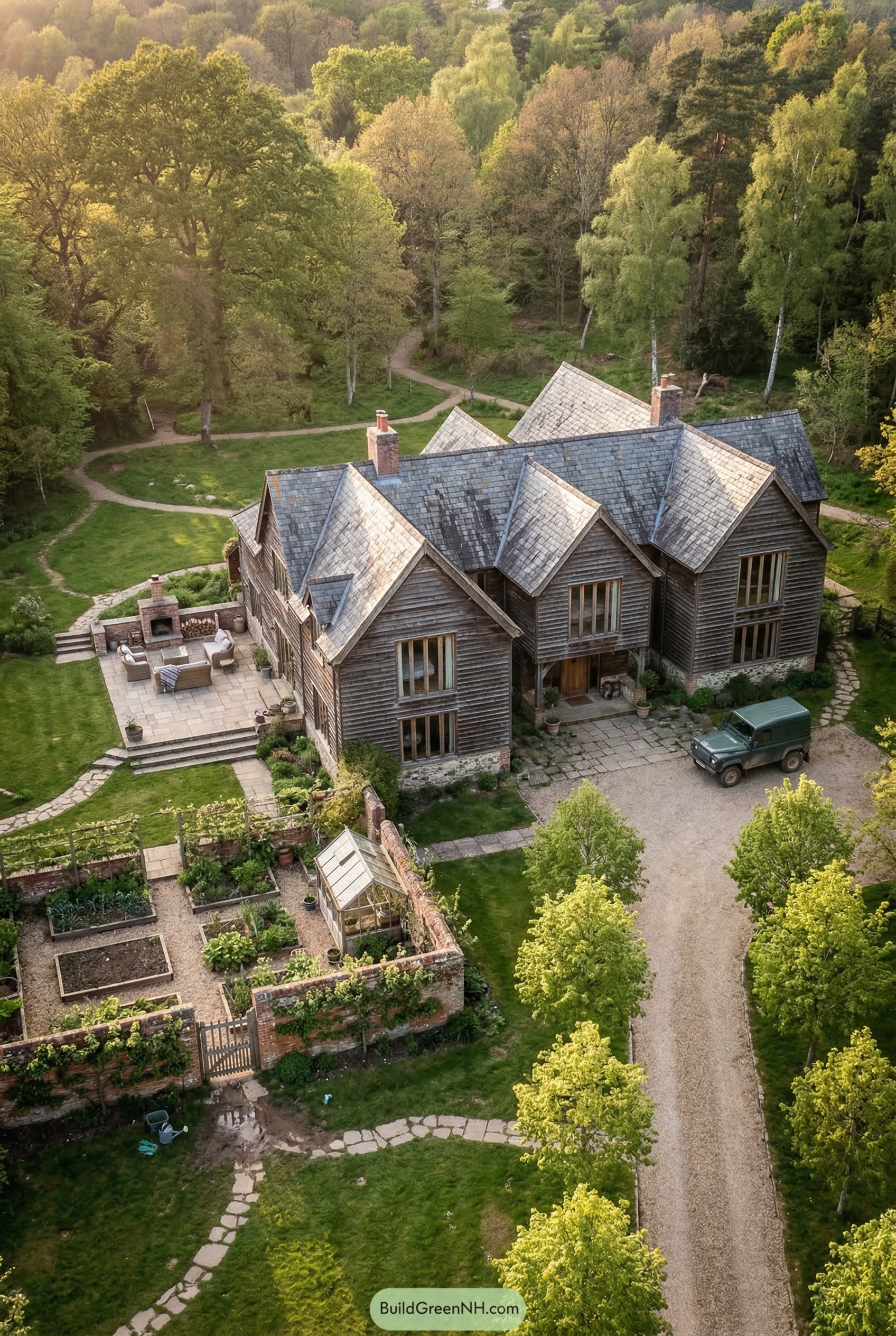 Large timber home with slate gables and walled garden