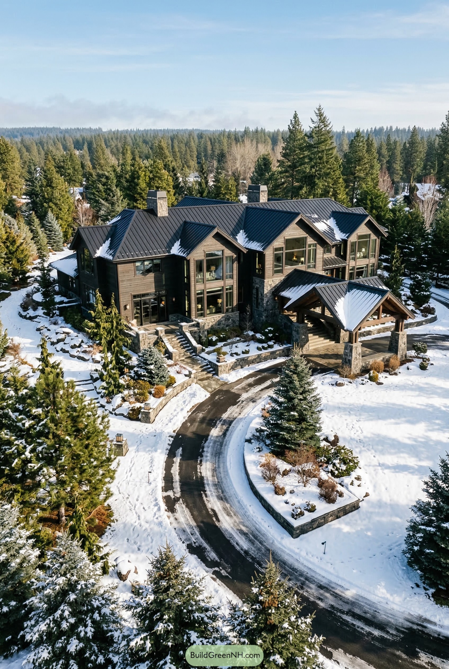 Snowy woodland estate with black gabled roof