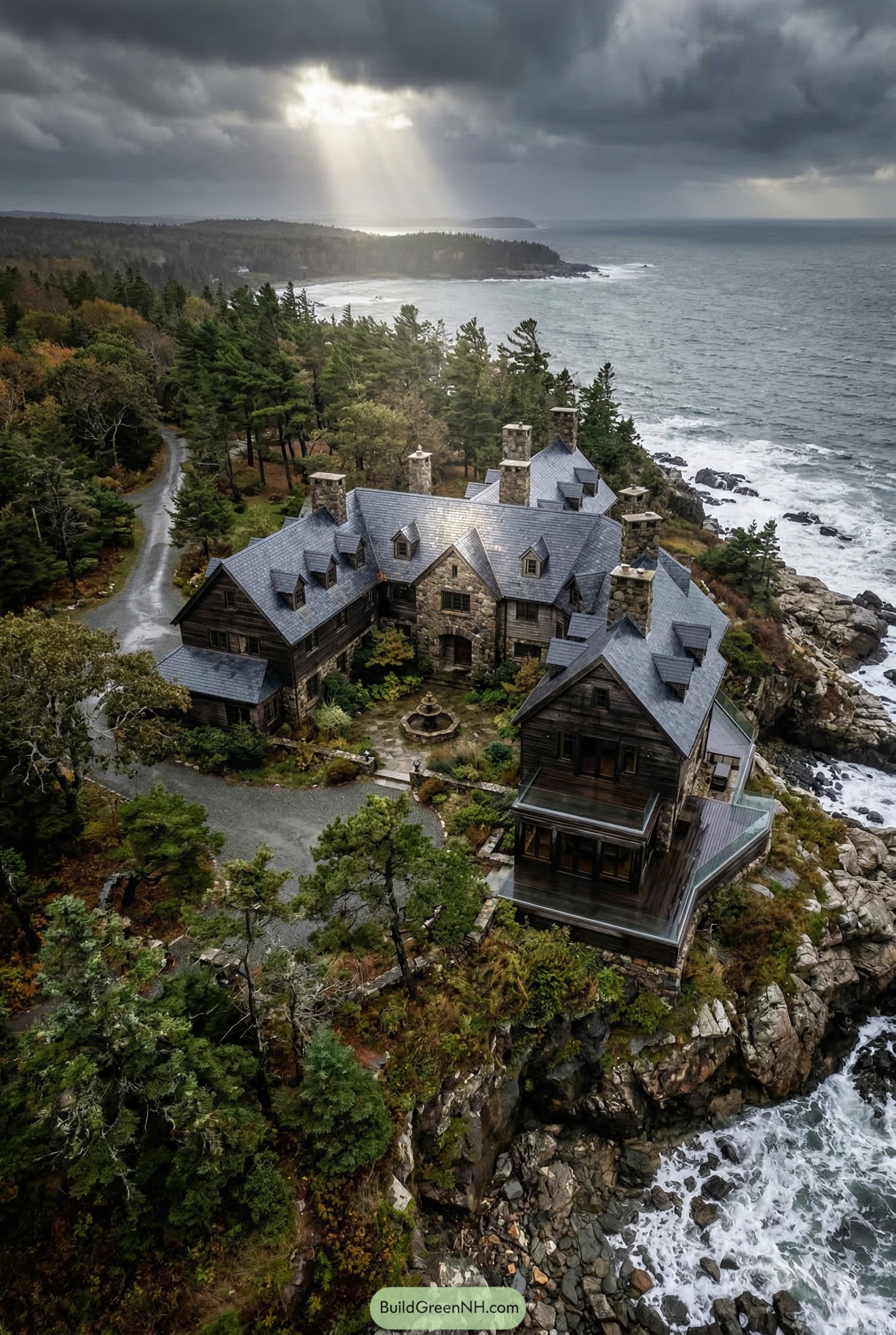 Stone and timber mansion on a rocky coast