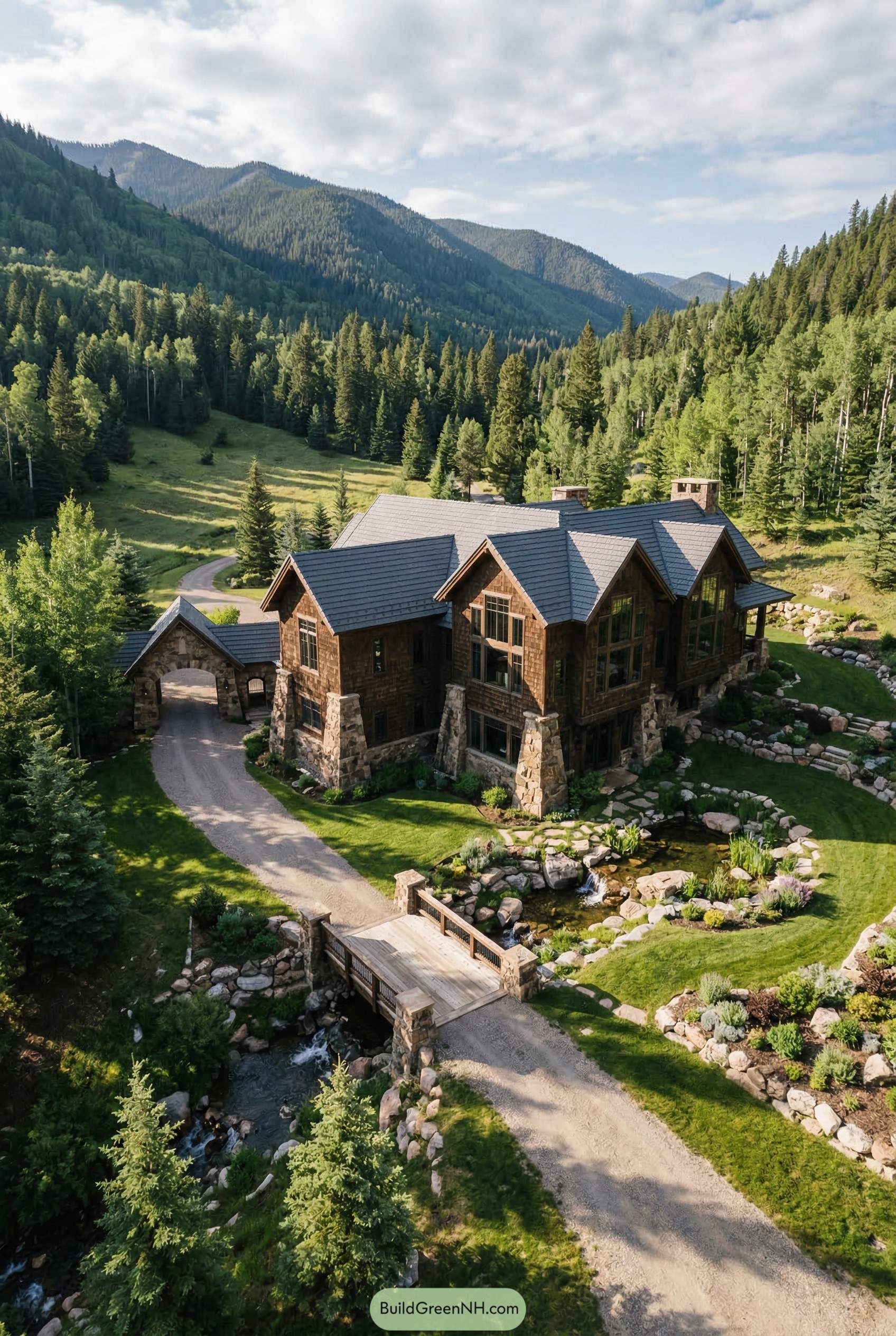 Mountain lodge with stone bridge and stream