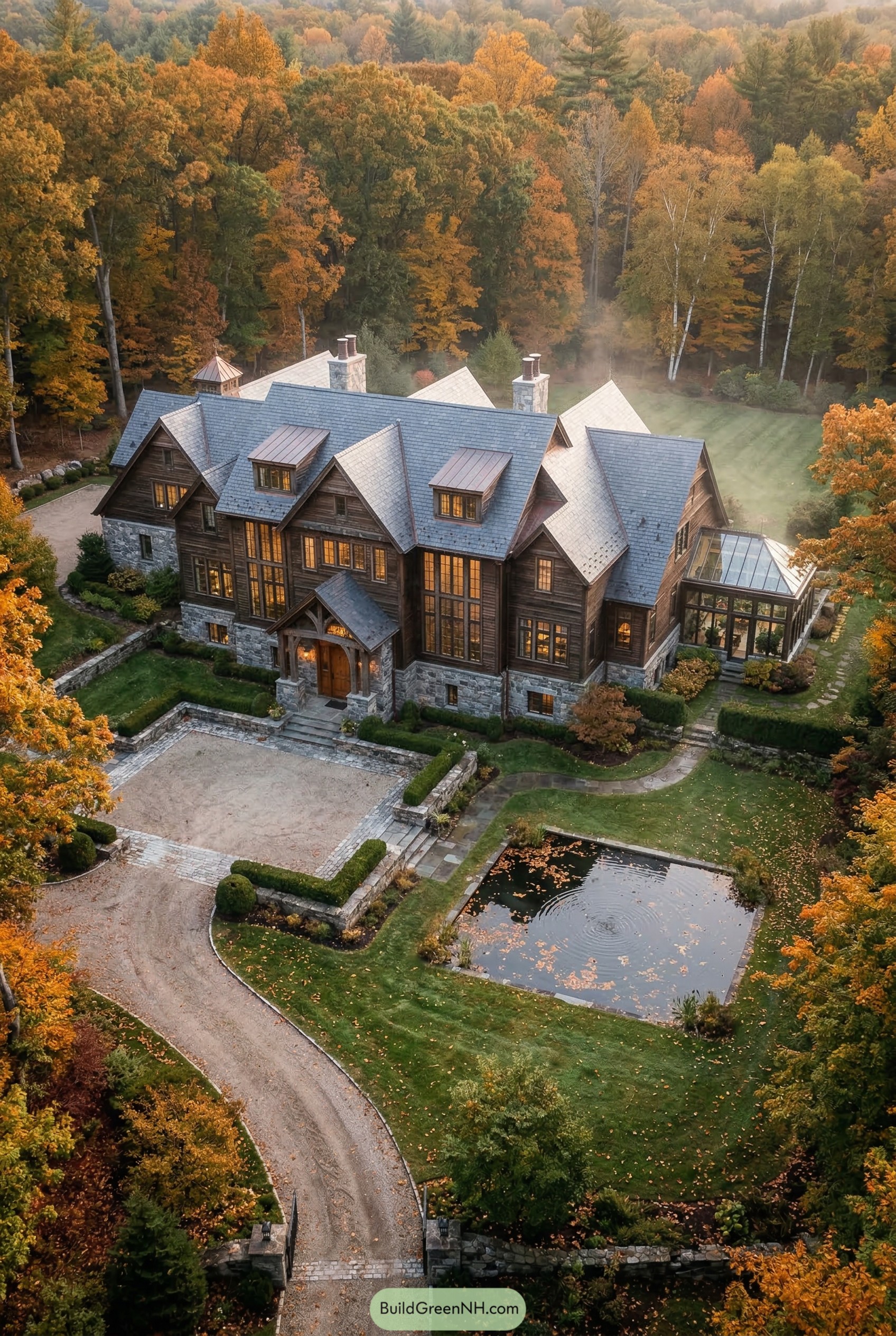 Large timber and stone woodland mansion with pond