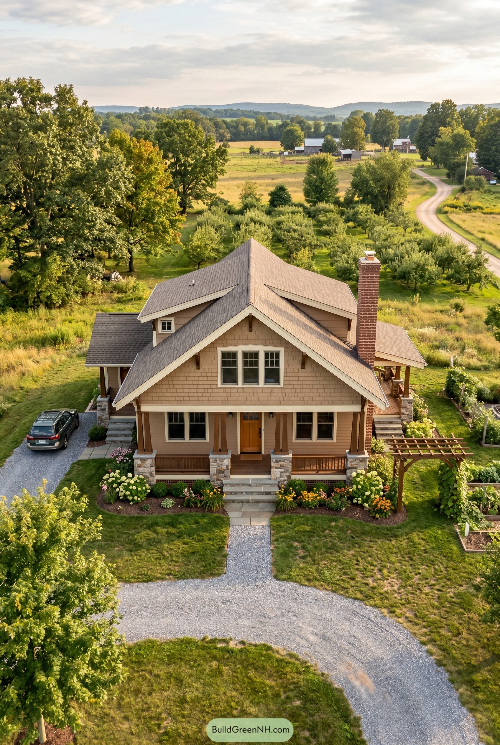 Tan Craftsman home with porch and chimney