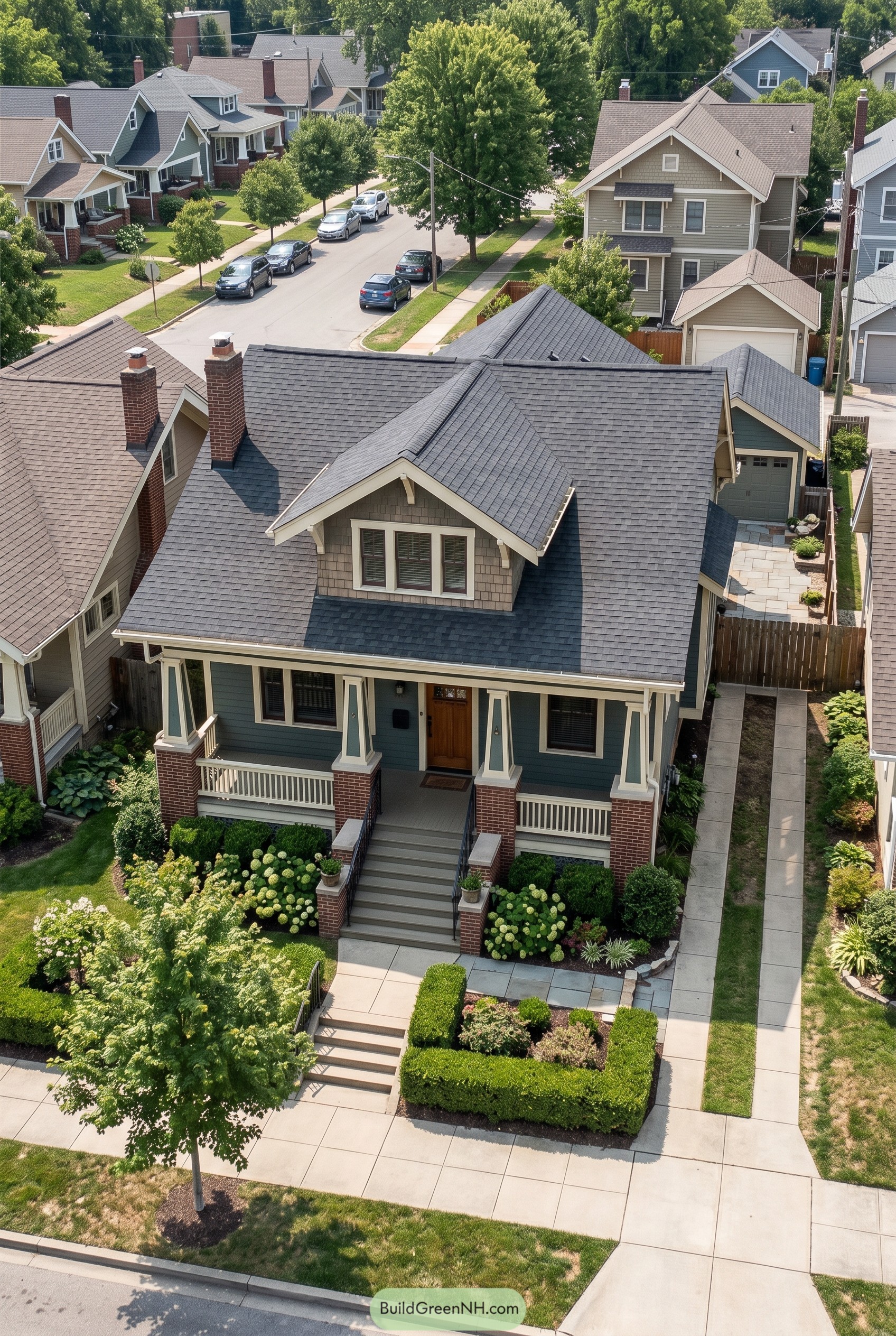 Blue gray Craftsman house with brick porch piers