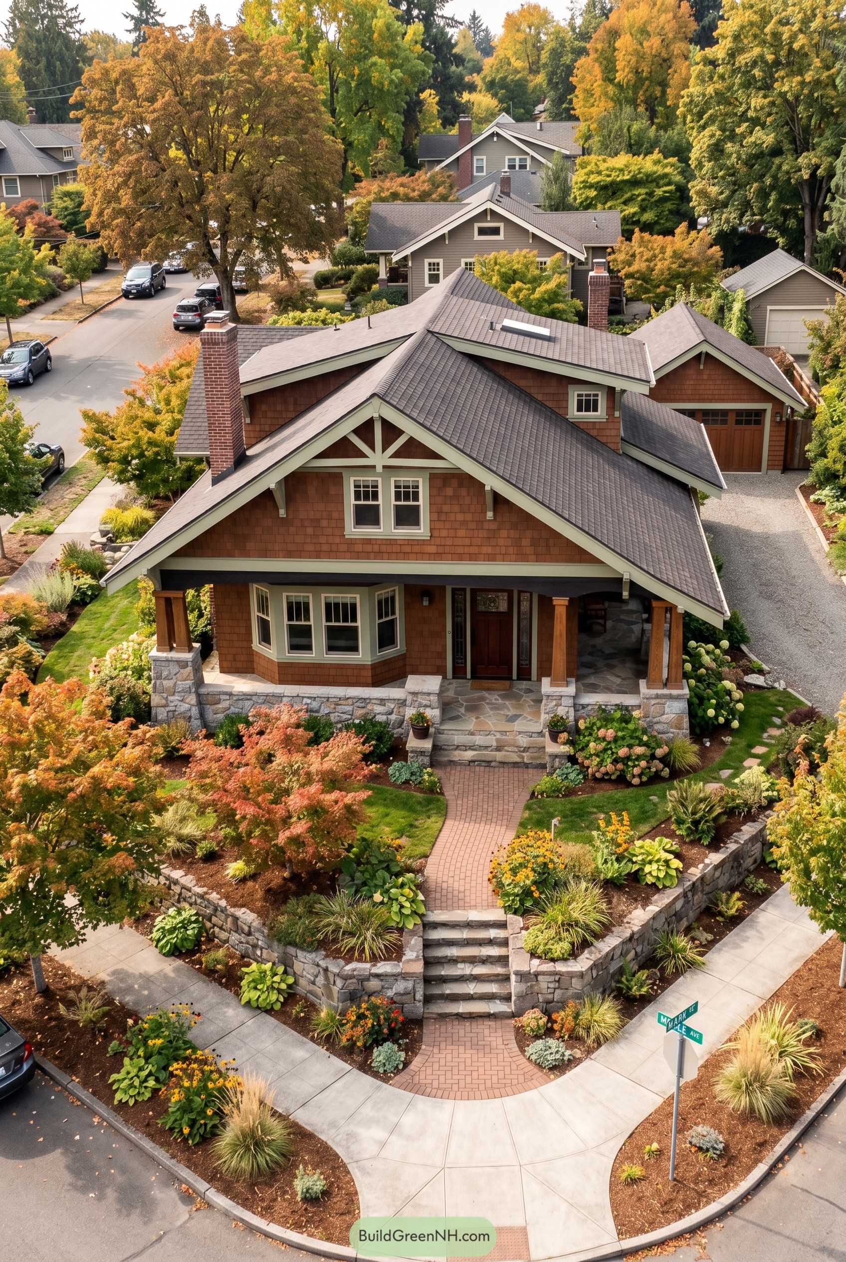 Craftsman bungalow on a landscaped corner lot