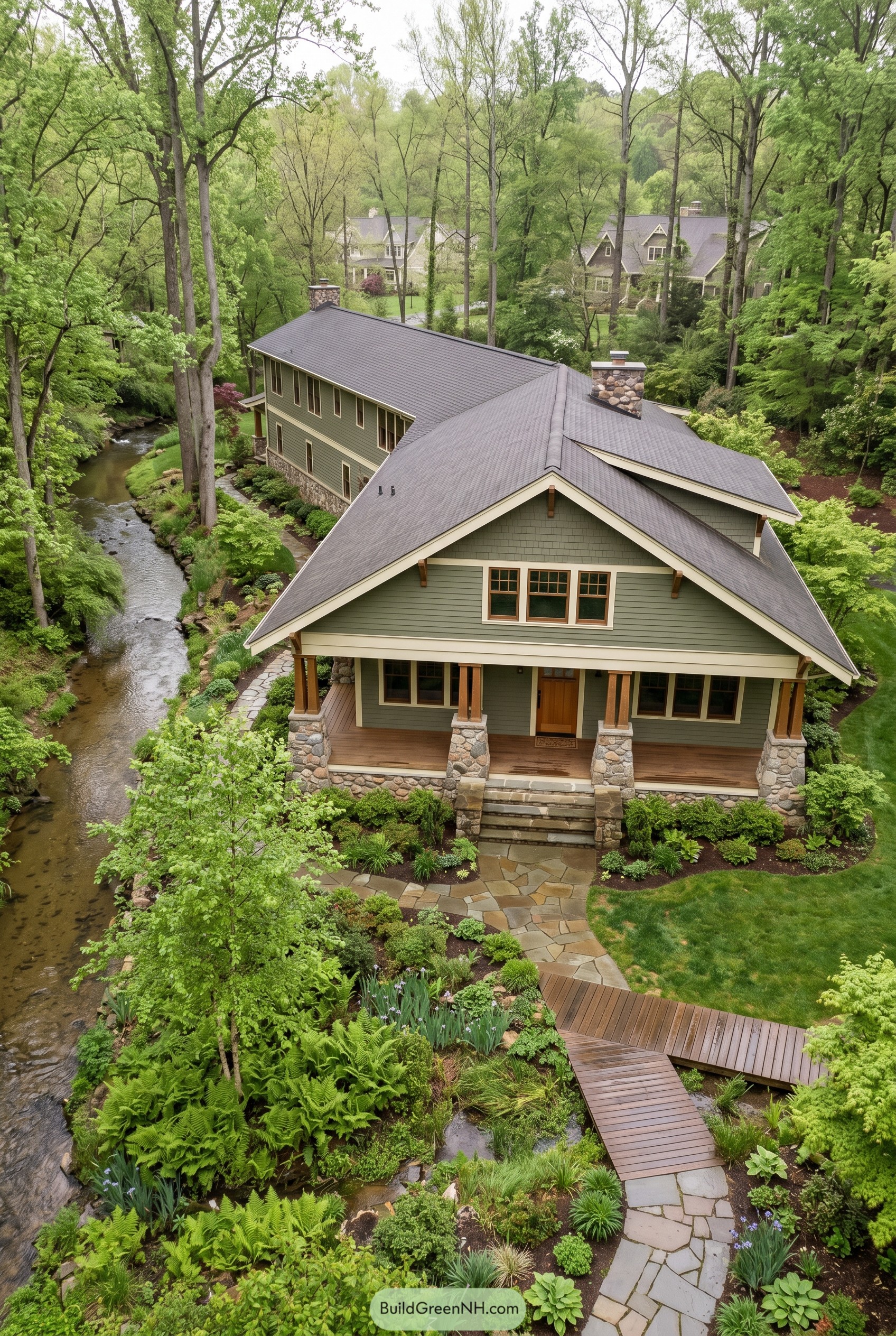 Green Craftsman home beside a wooded creek