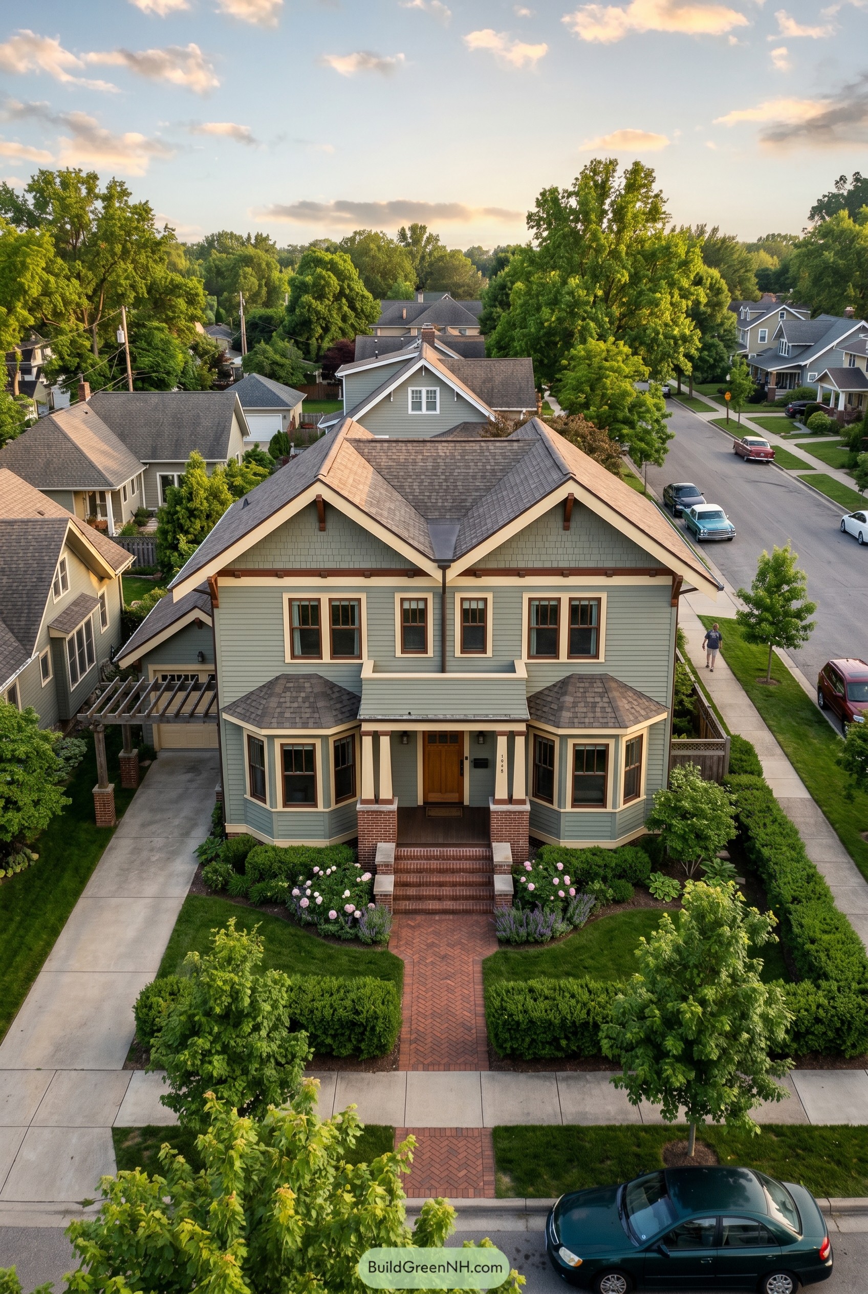 Two story green craftsman with twin bay windows
