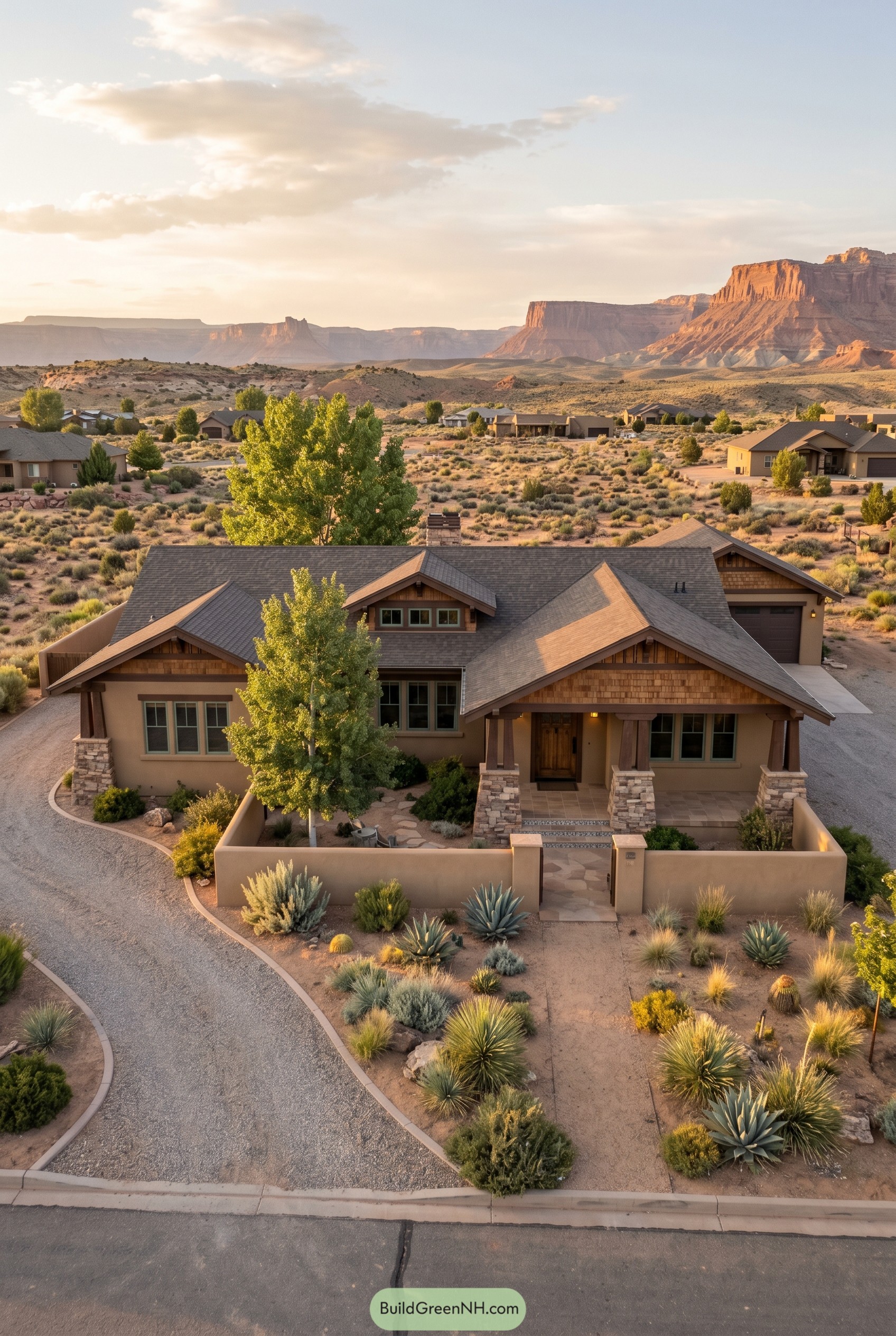Desert craftsman bungalow with stone porch