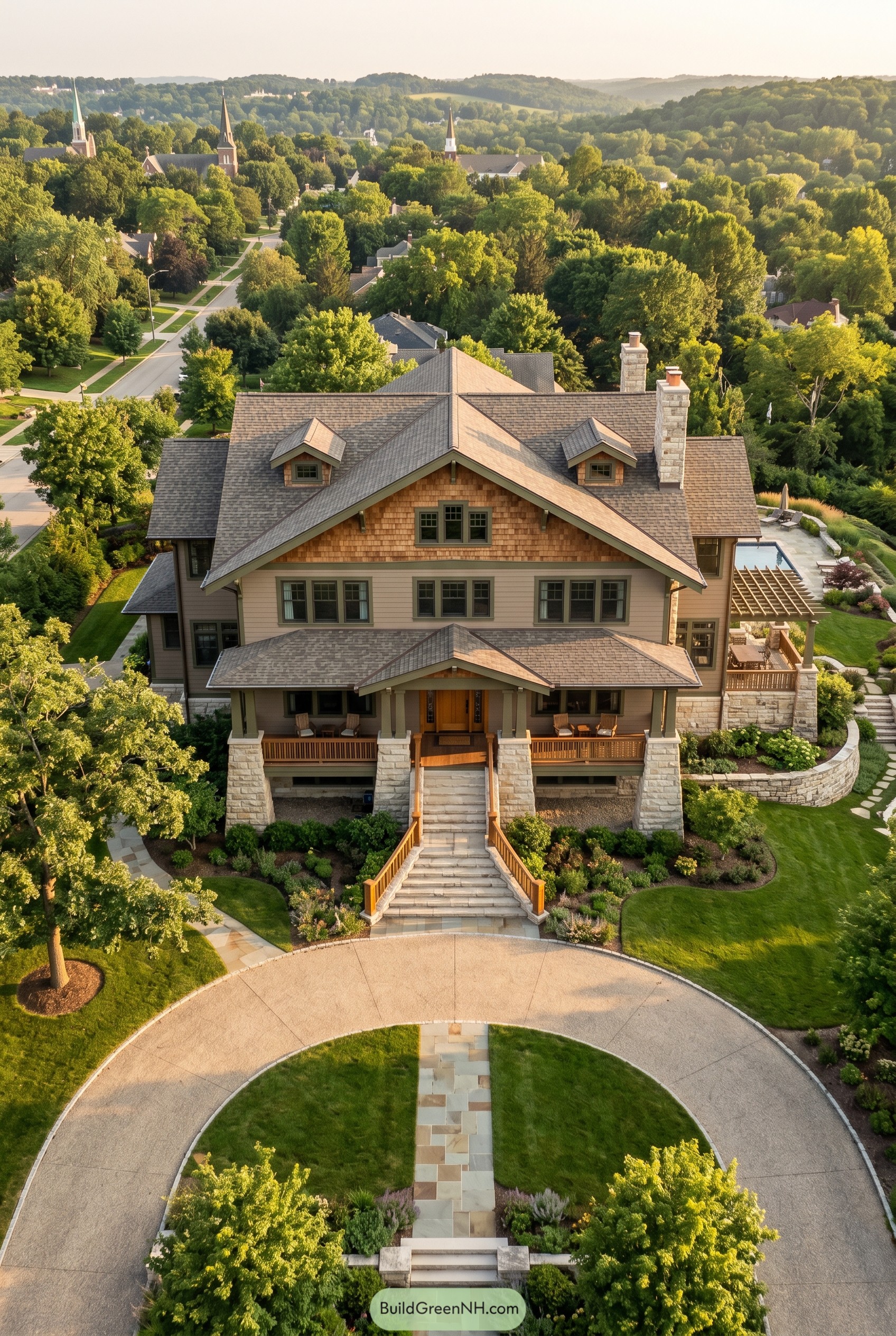 Large craftsman home with stone porch and circular drive