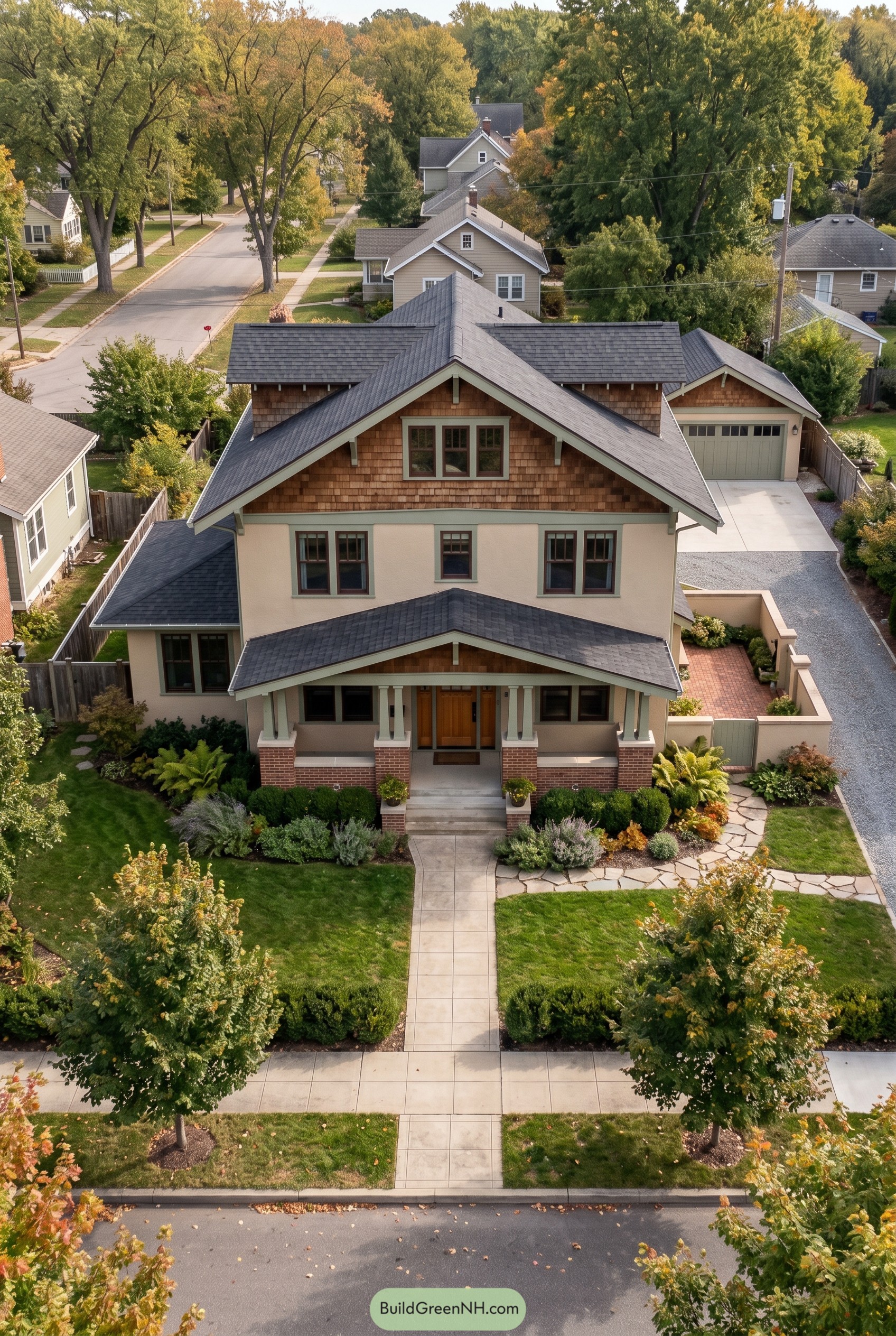 Large craftsman home with cedar gables and covered porch
