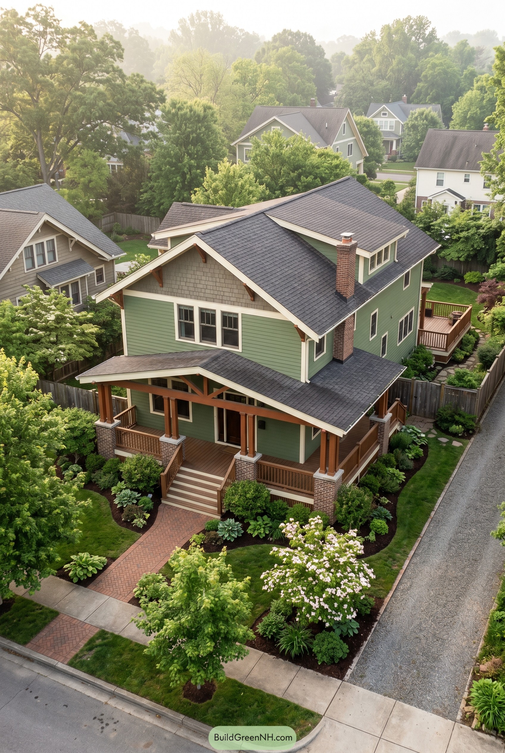 Green Craftsman house with wide front porch