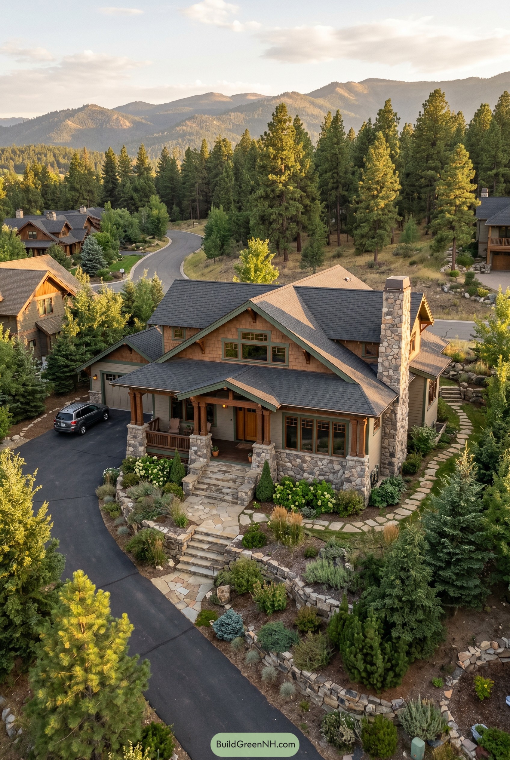 Craftsman house with stone chimney in pines