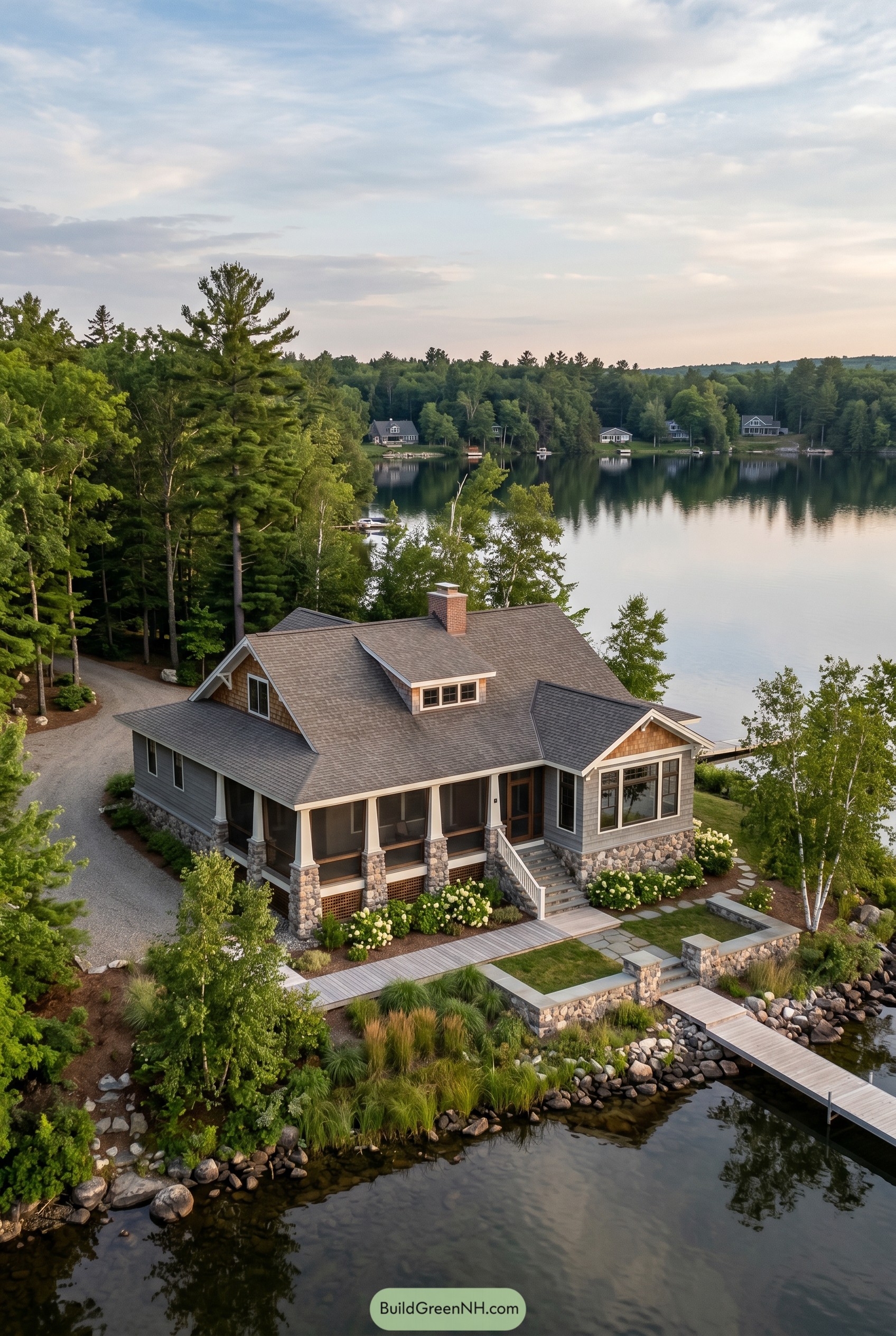 Gray Craftsman lake house with stone porch and dock