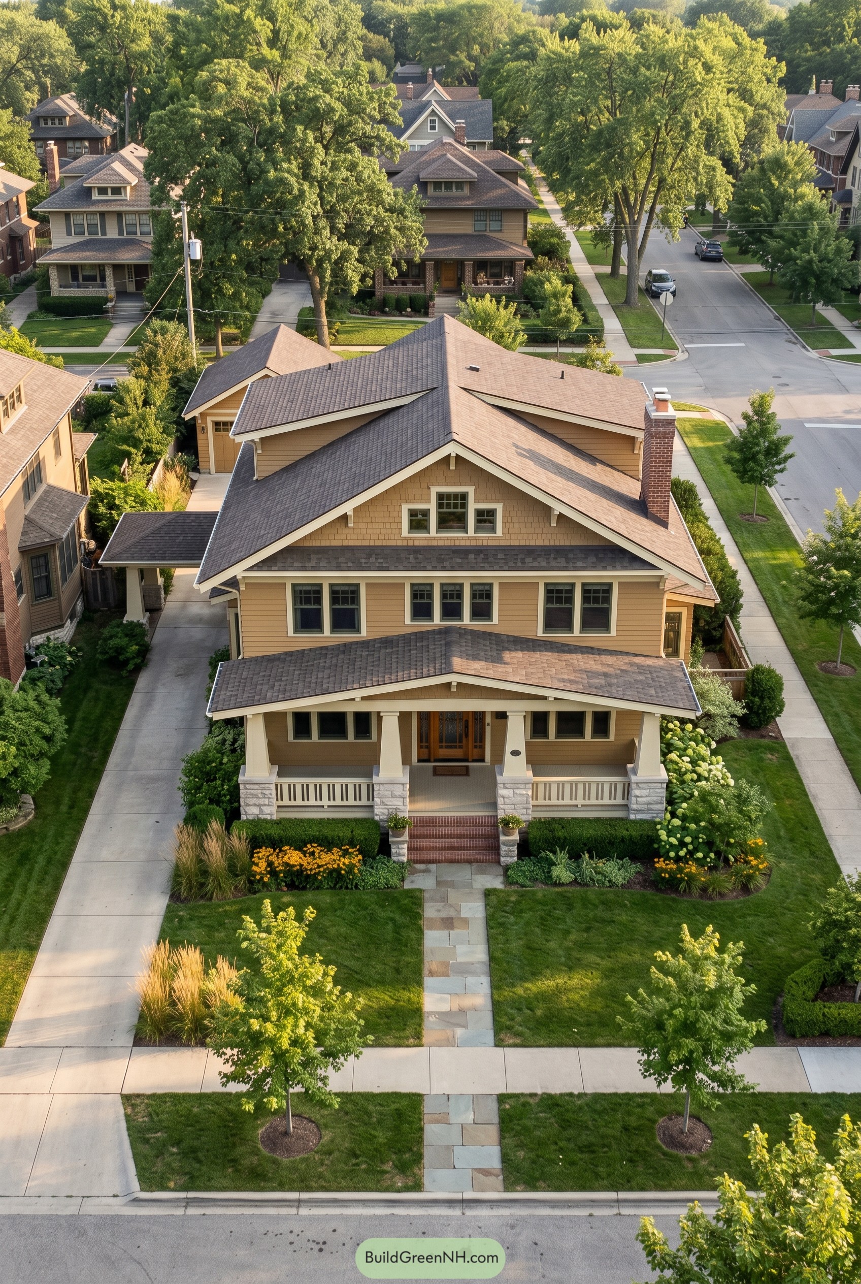 Tan Craftsman house with broad gables and deep front porch