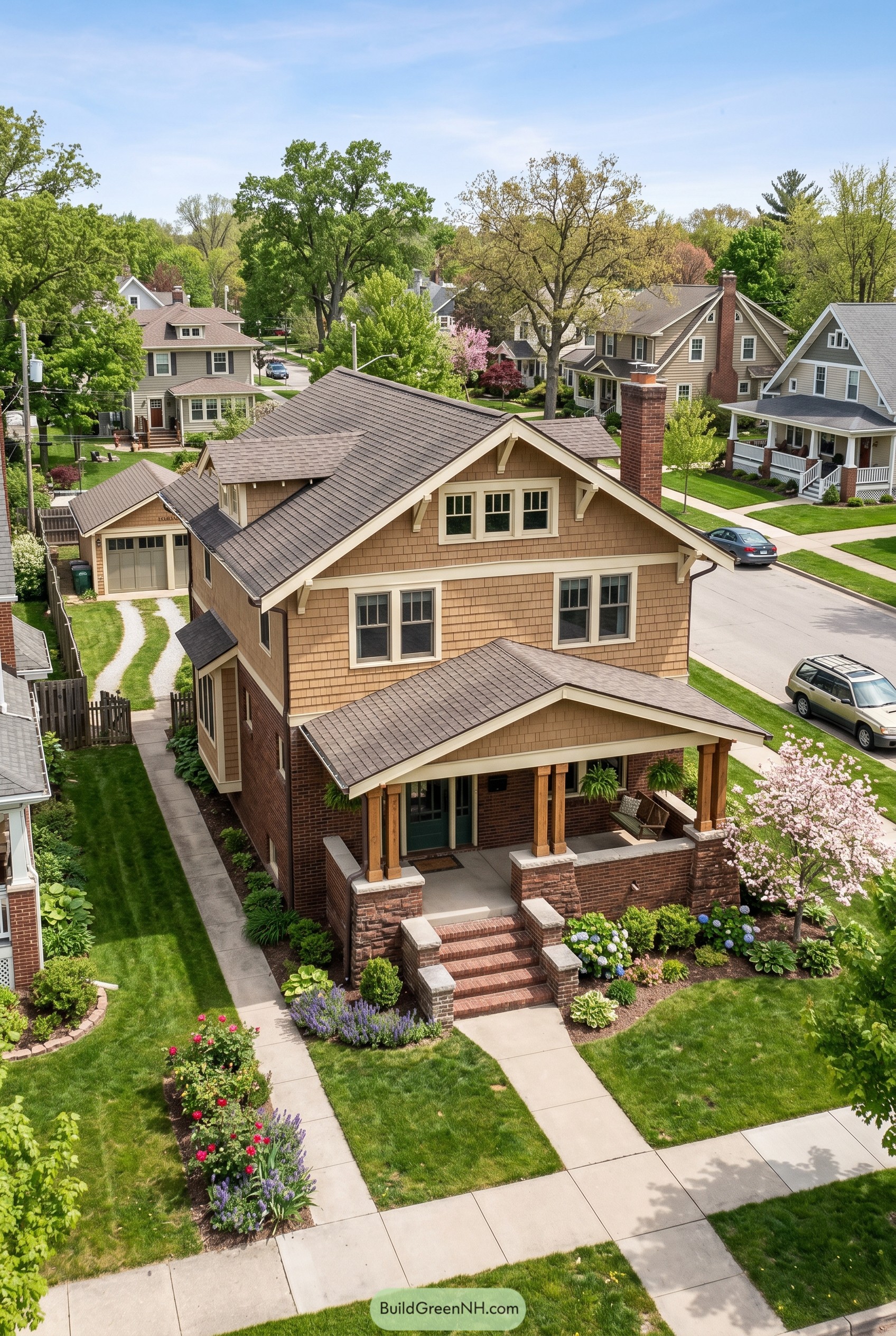 Two story tan craftsman with brick porch