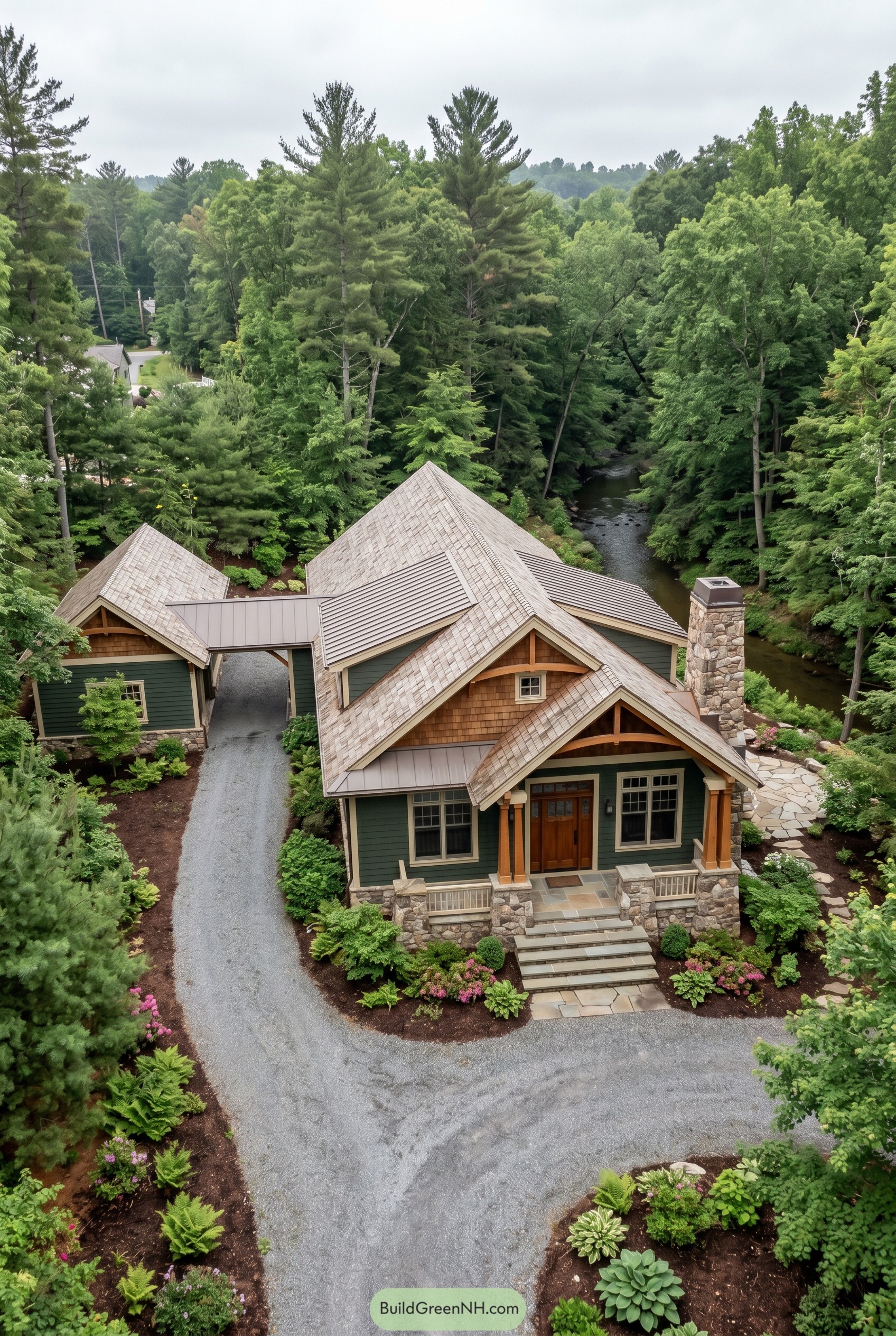 Green craftsman home by a wooded creek