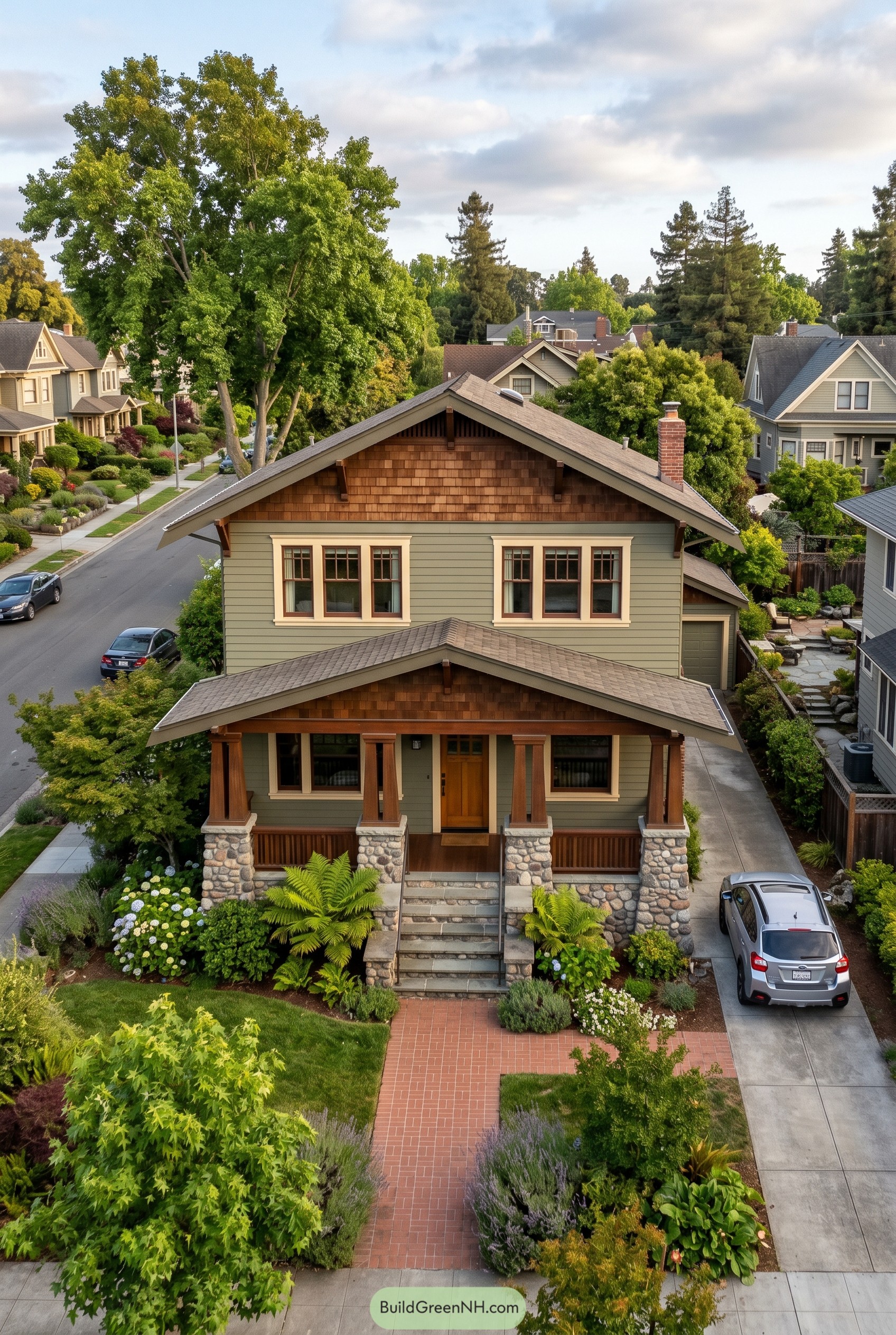Two story Craftsman house with stone porch piers and broad front gables