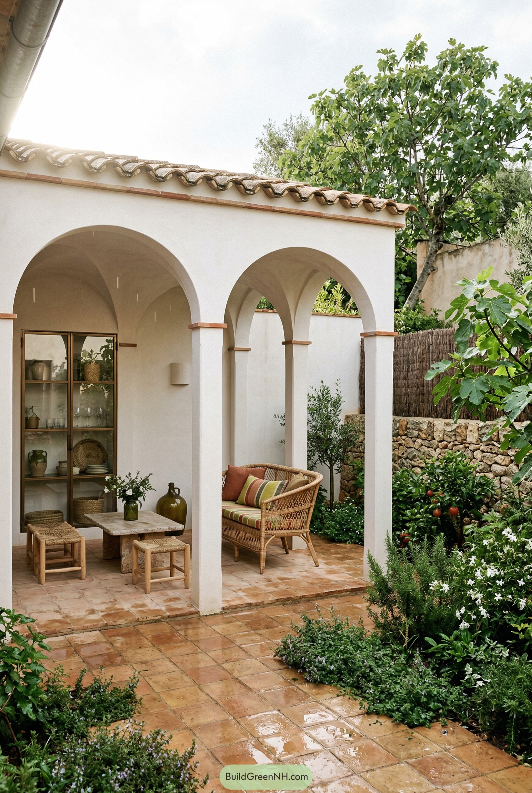 White arched loggia with wicker seating