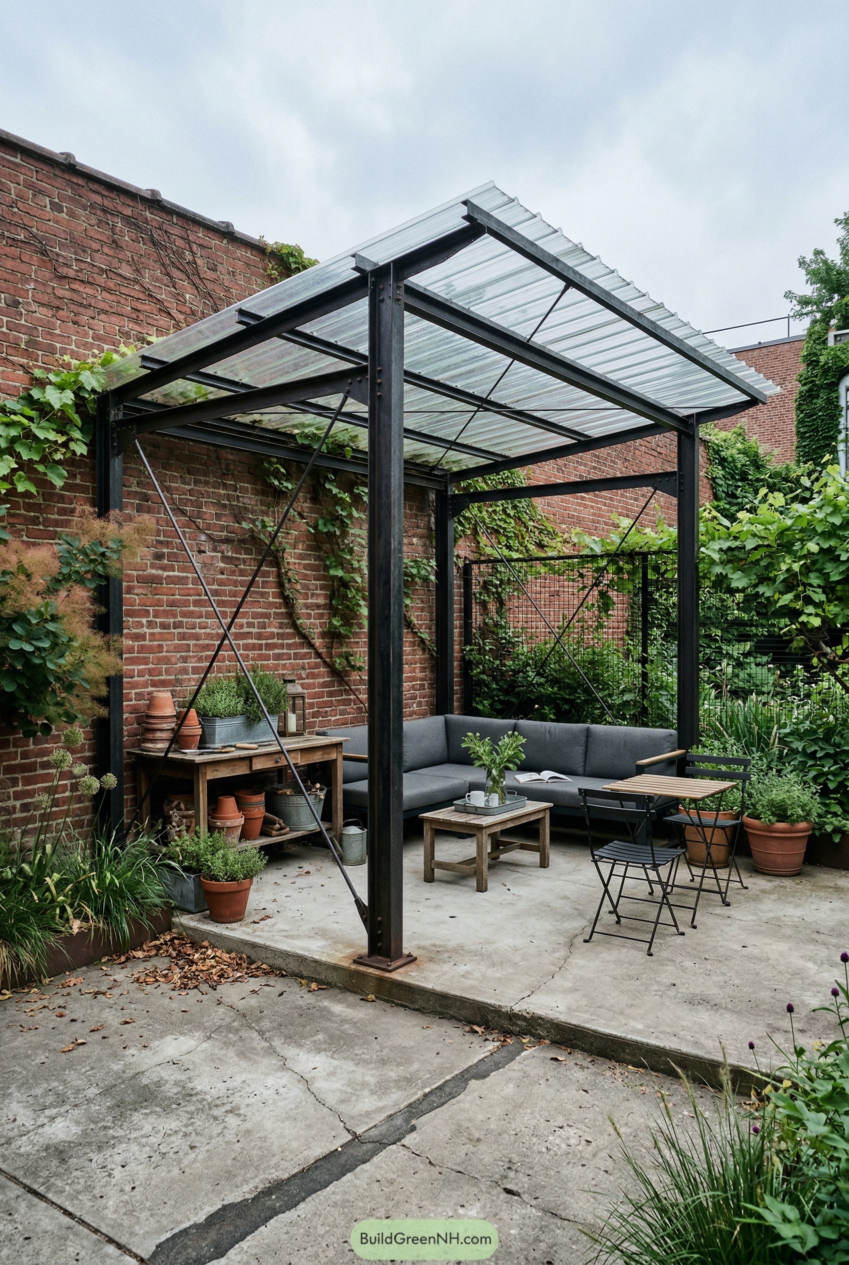 Steel pavilion with translucent roof in brick courtyard