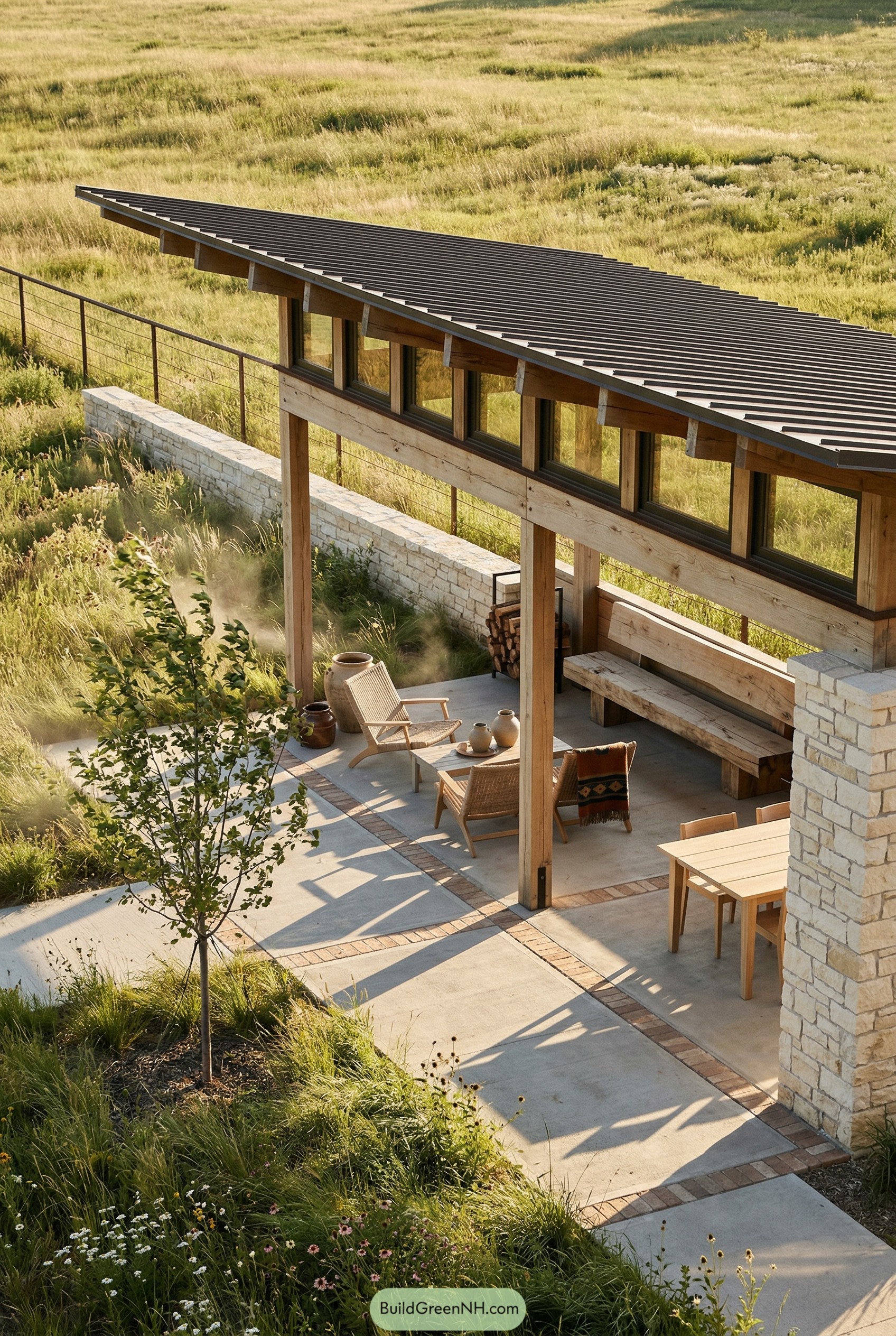 Long timber pavilion with sloped roof in meadow