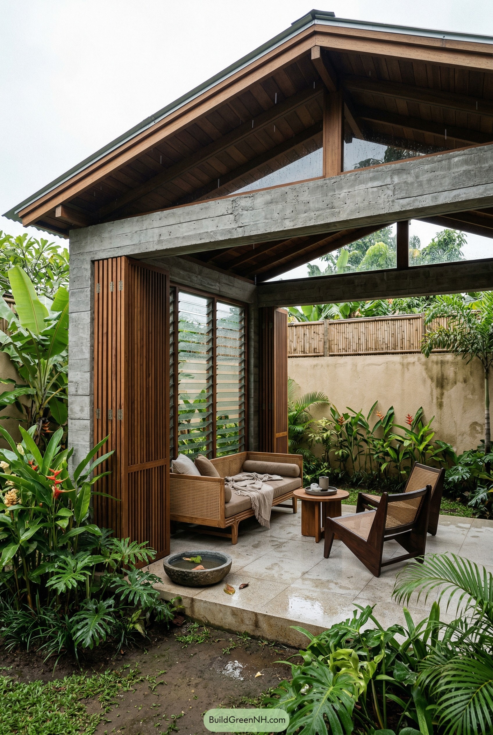 Tropical pavilion with concrete frame and timber screens