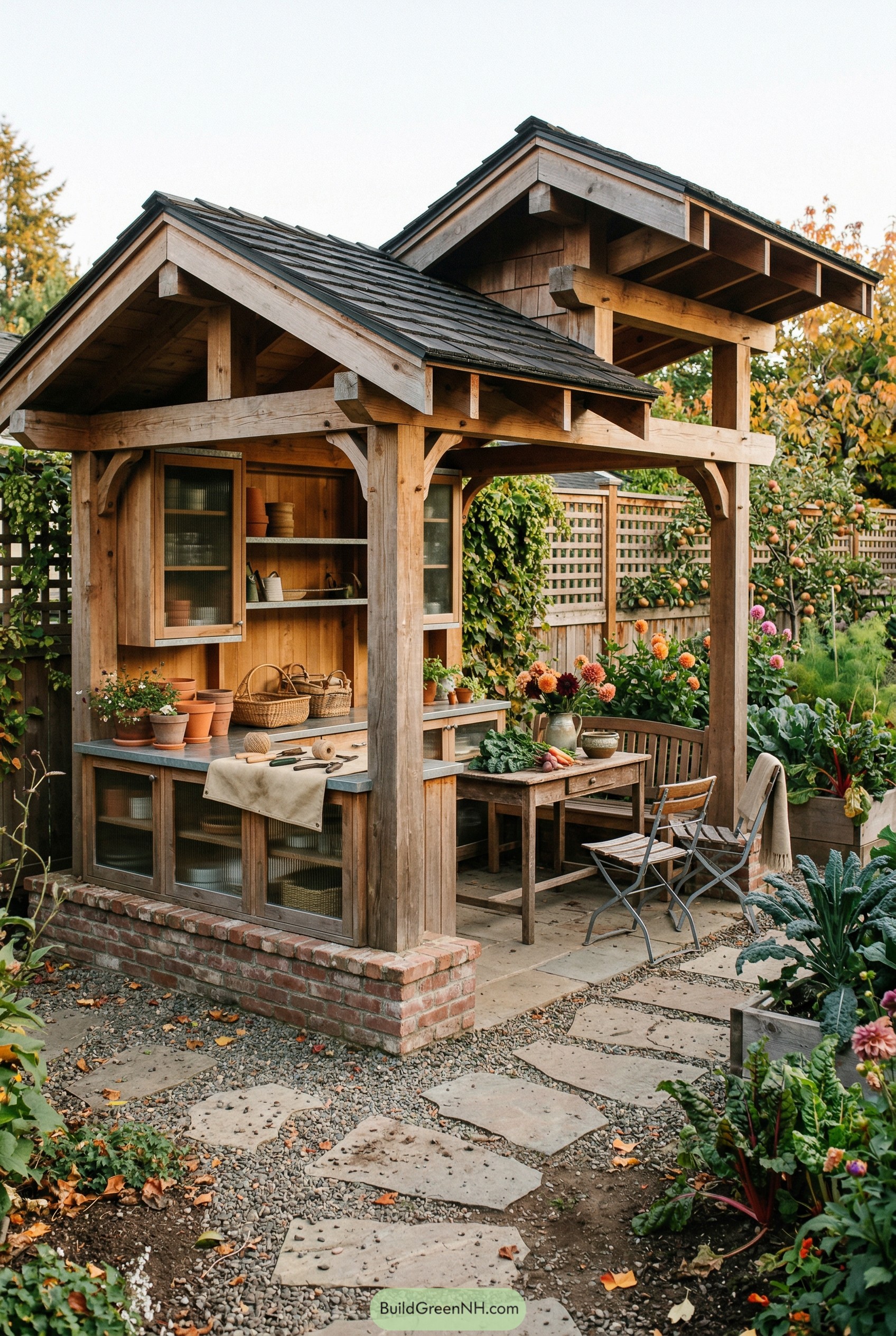 Timber garden pavilion with potting counter and table