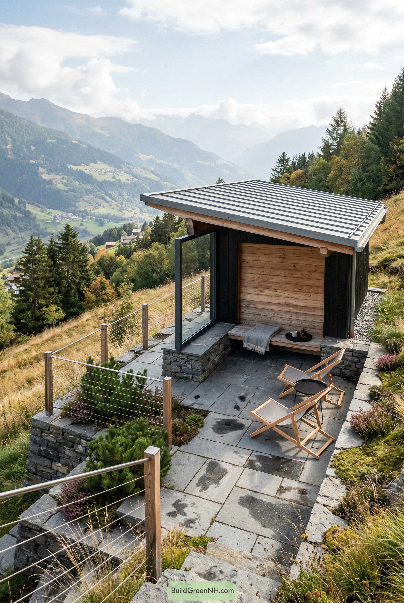 Modern hillside pavilion with mountain view
