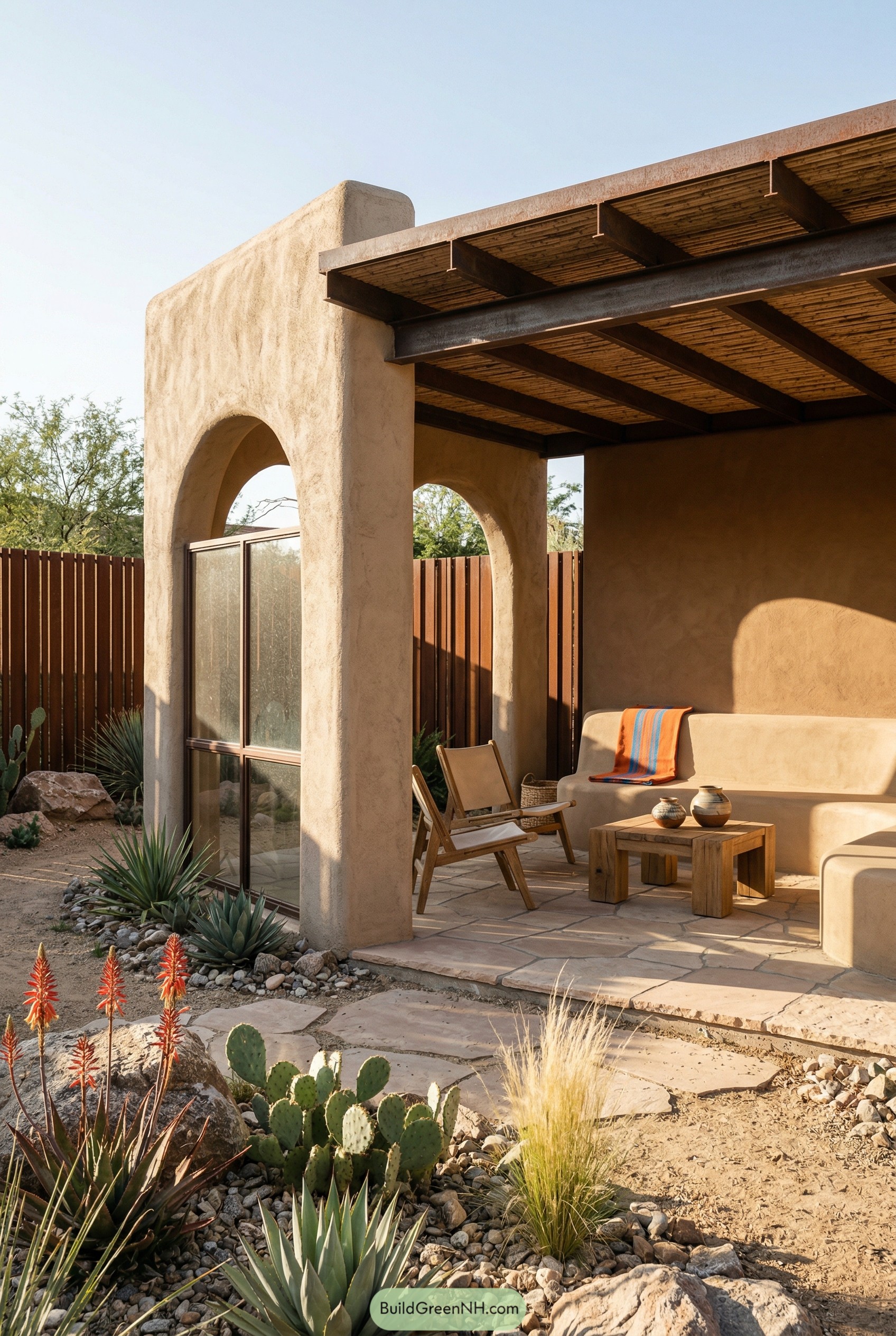 Stucco pavilion with arches and built in bench